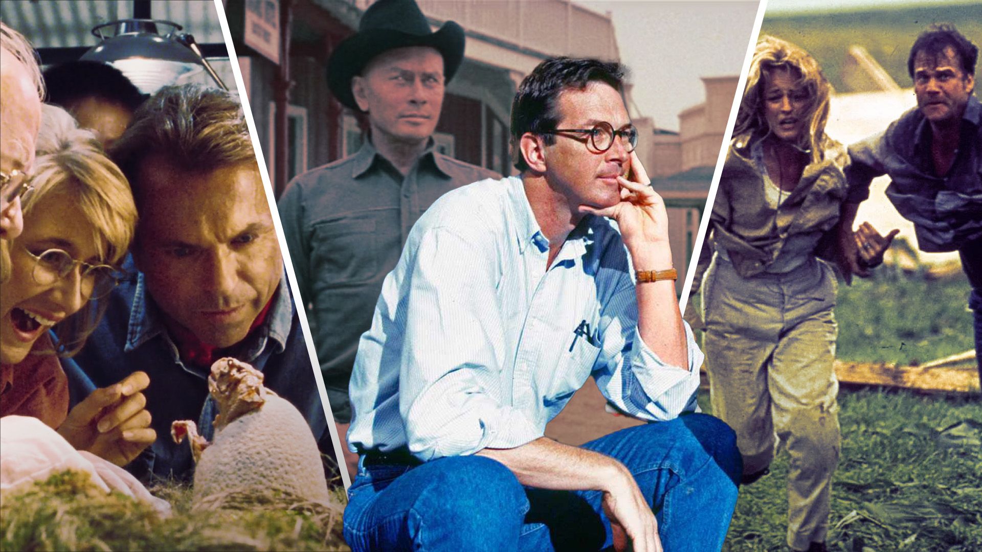 An edited image of Westworld, Jurassic Park, and Twister with Michael Crichton