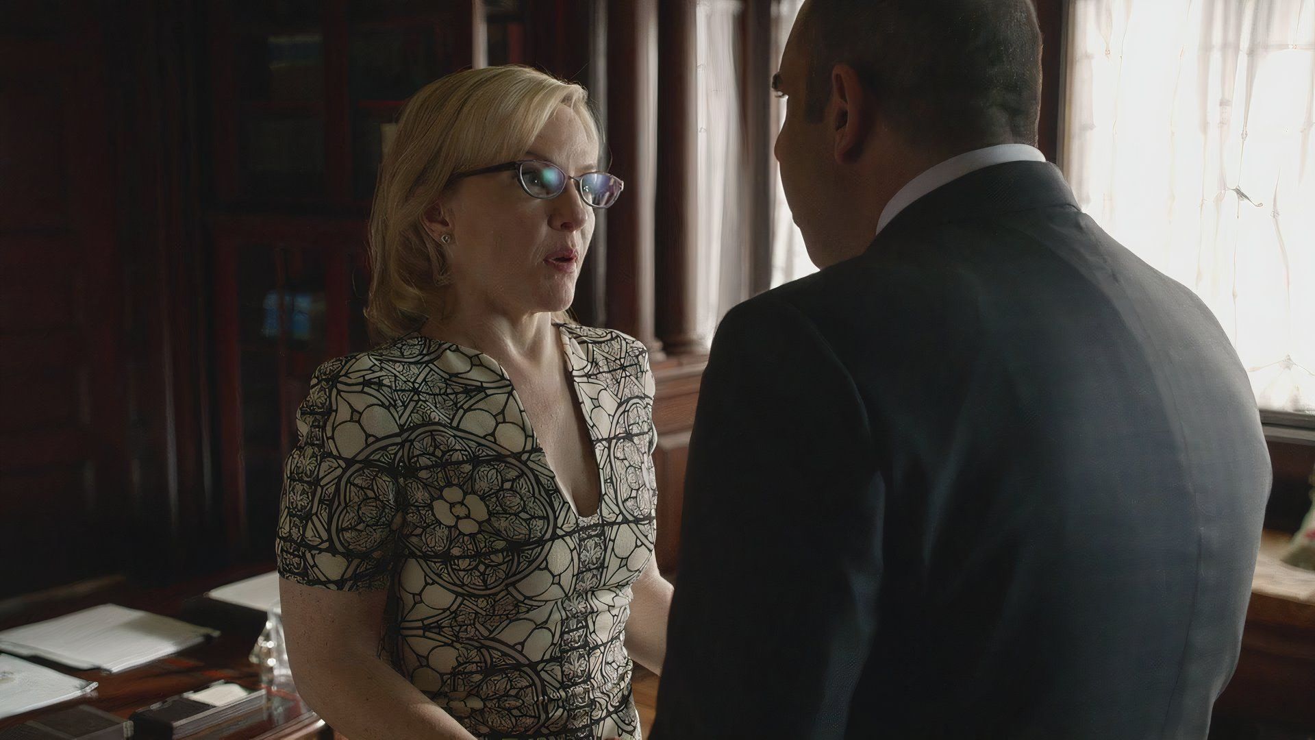 Sheila Sazs, and Louis Litt, Played by Rachael Harris, and Rick Hoffman, in the legal drama, Suits