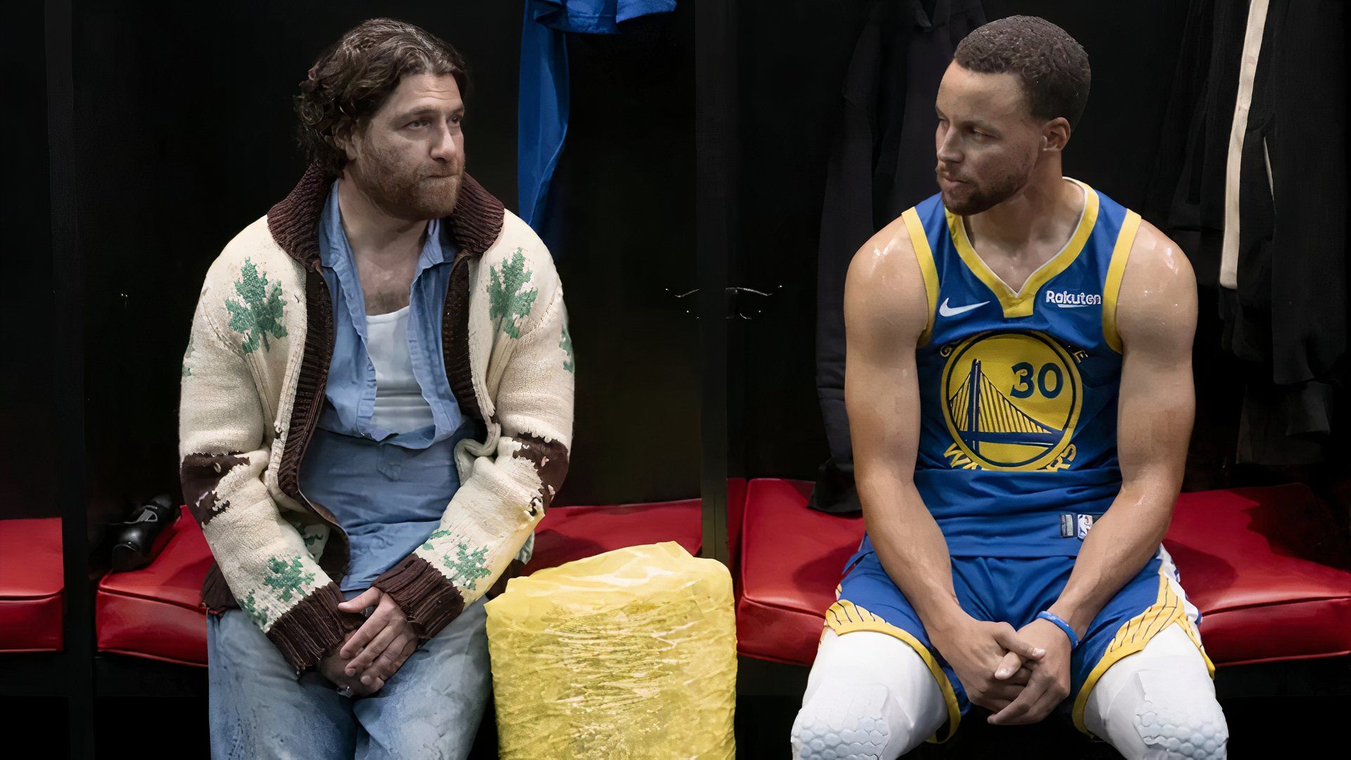 Danny and Steve sitting in the dressing room in Mr. Throwback