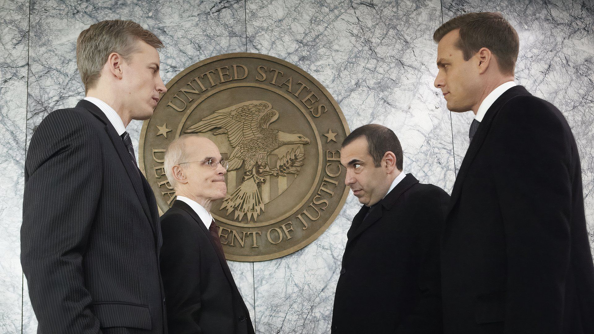 Eric Woodall, Louis Litt, Harvey Specter, played by Zeljko Ivanek, Rick Hoffman, and Gabriel Macht in the legal drama, Suits