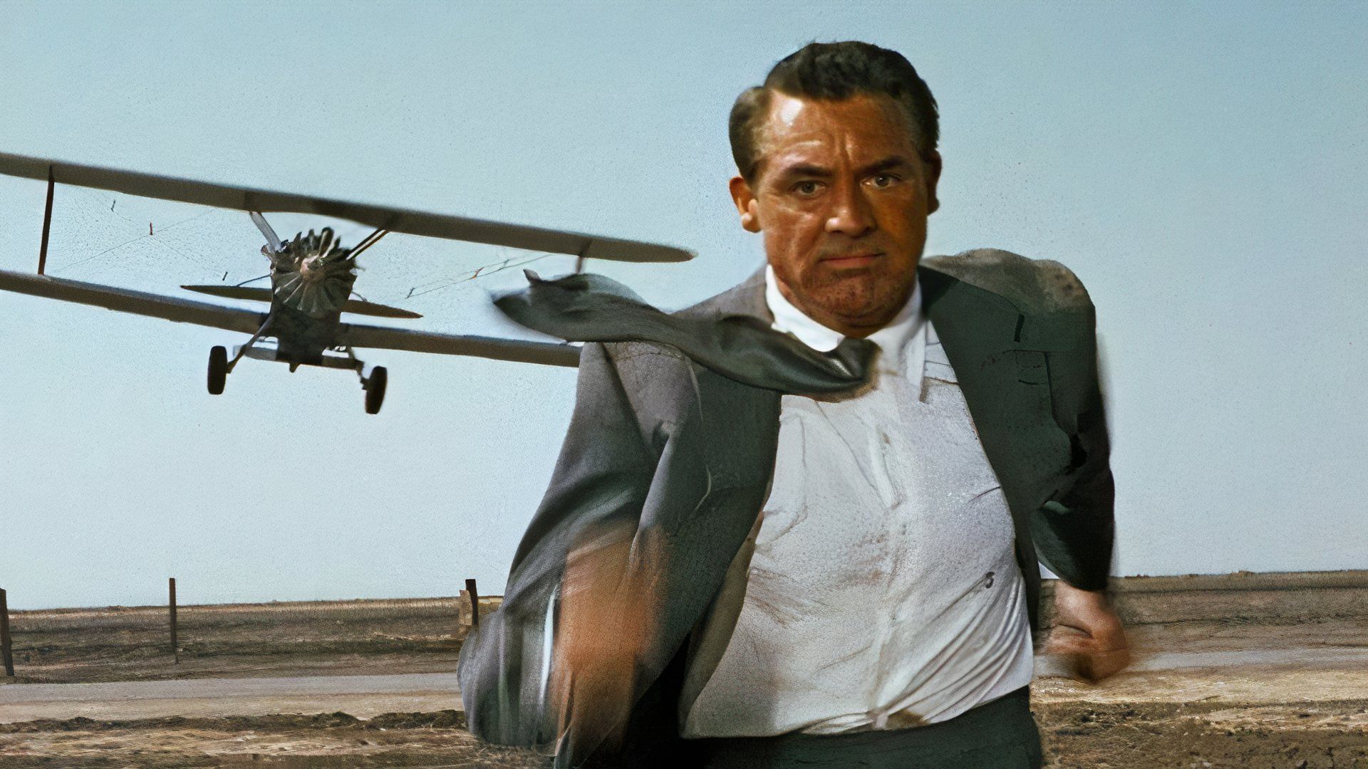 Cary Grant as Roger Thornhill in the cropduster scene in North by Northwest