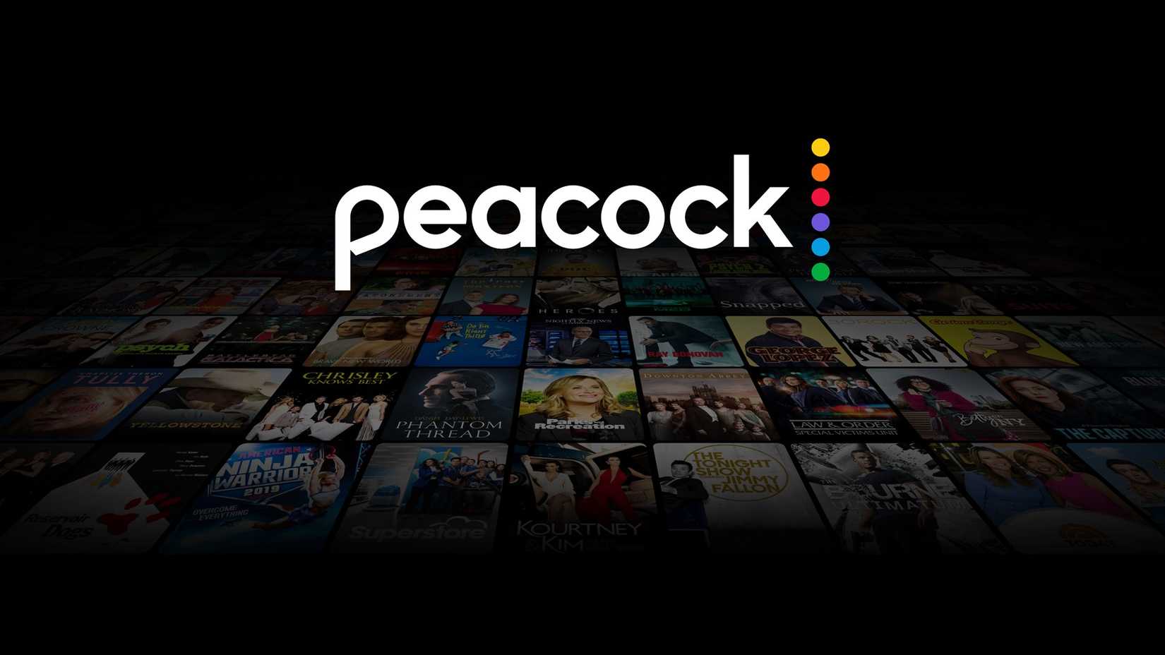 The Peacock Logo with various programs in the background