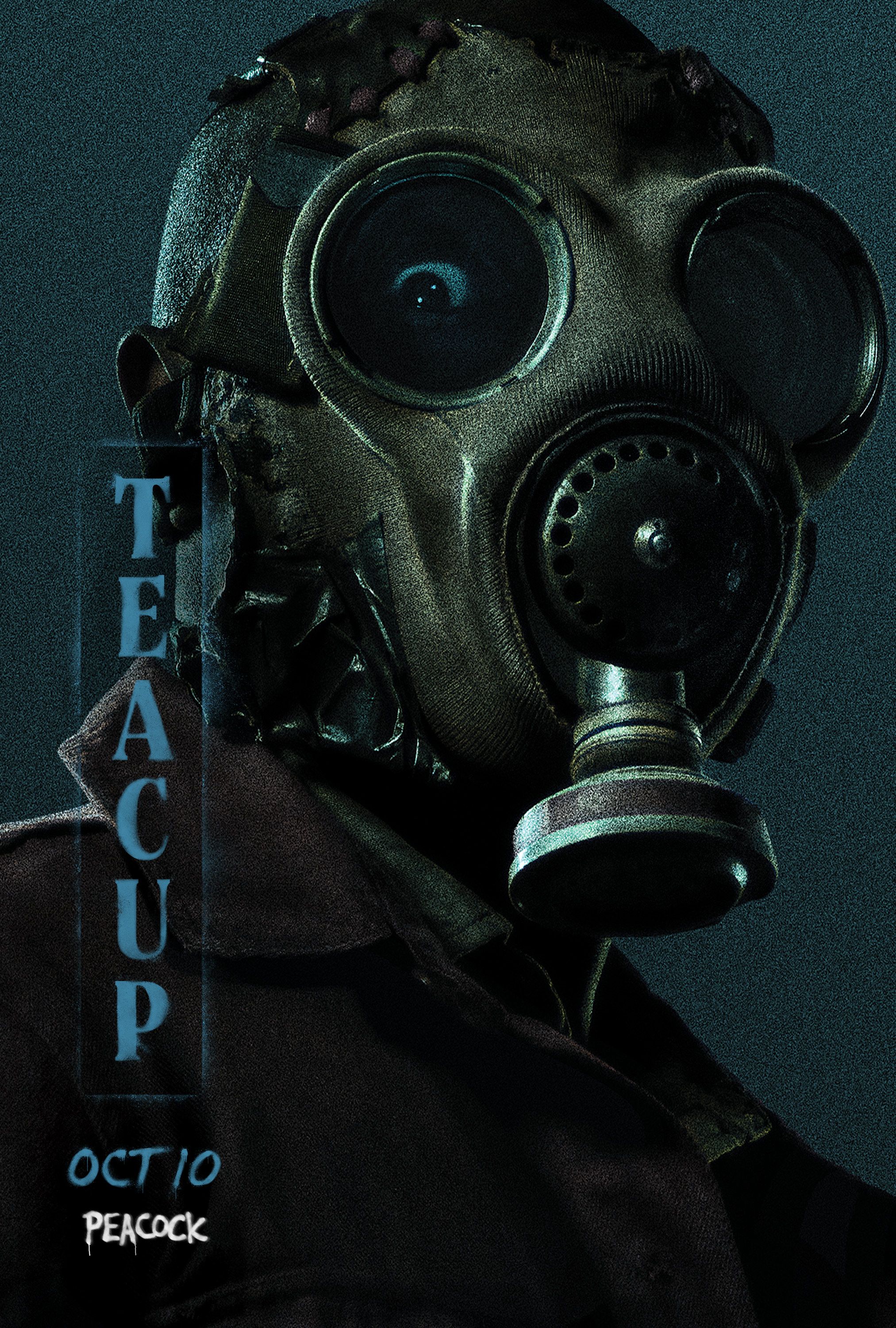 Teacup poster featuring a person in a gas mask.