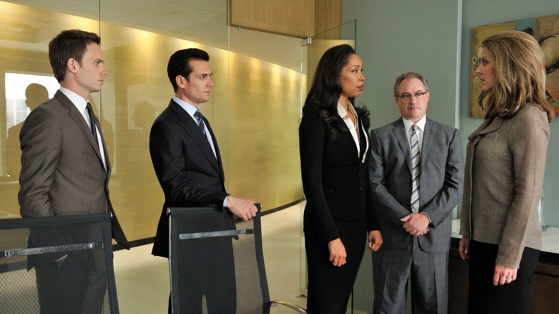 Mike, Harvey, Jessica, Stan, and Tory, Played by Patrick J. Adams, Gabriel Macht, Gina Torres, John Billingsley, and Andrea Parker in the Legal Drama, Suits