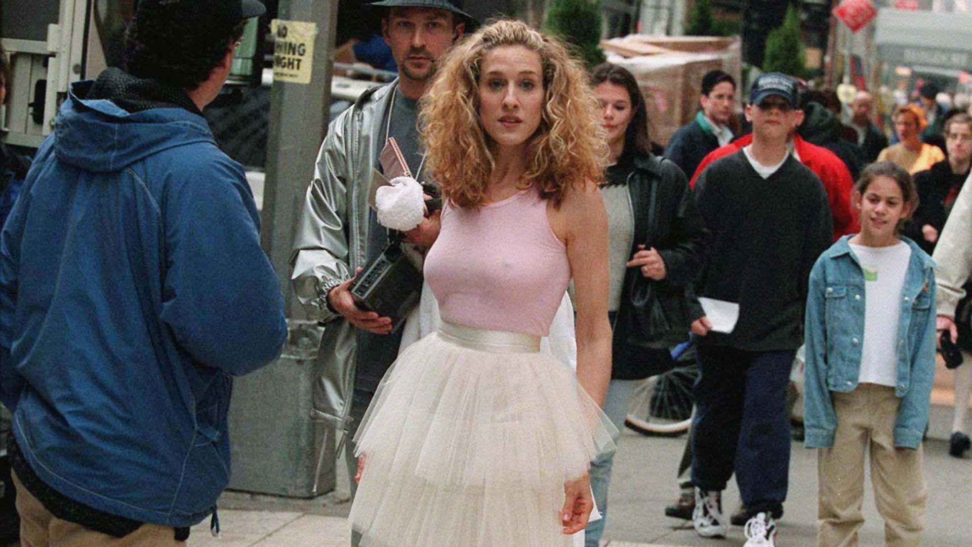 Carrie standing in the street in a pink tutu on Sex and the City.