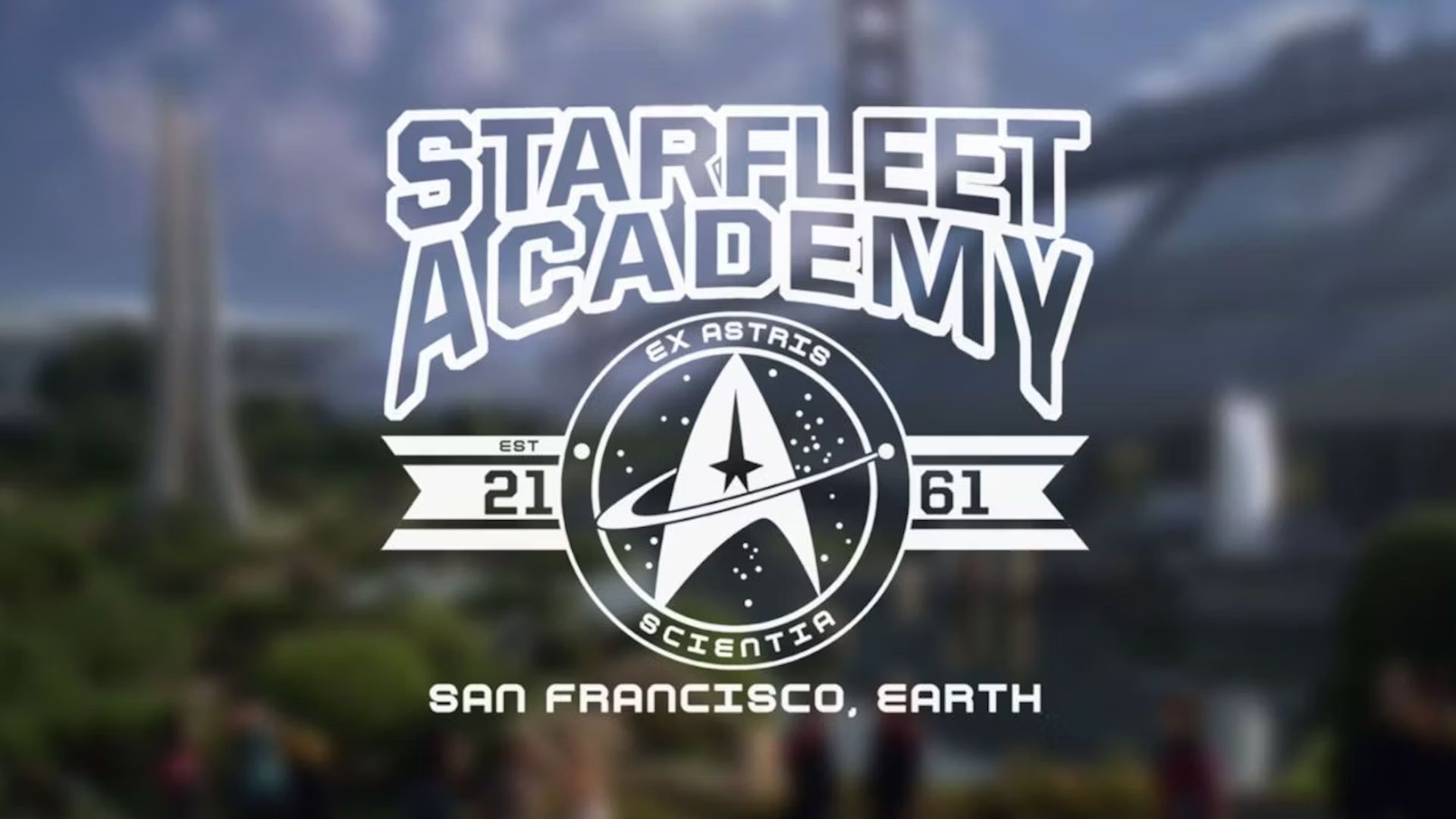 The Star Trek: Starfleet Academy logo against a blurred background of San Francisco