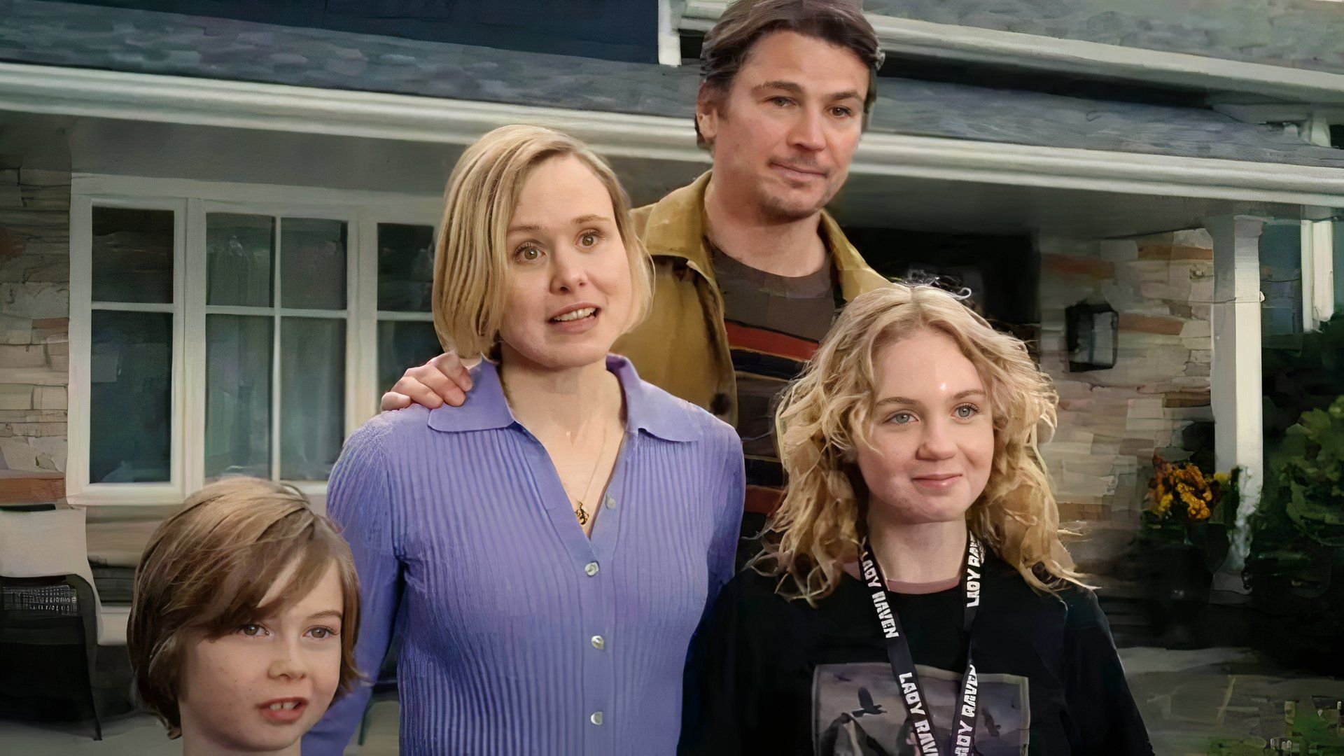 The cast of “The Trap”, including Josh Hartnett, Ariel Donoghue and Alison Pill, stands in front of their house