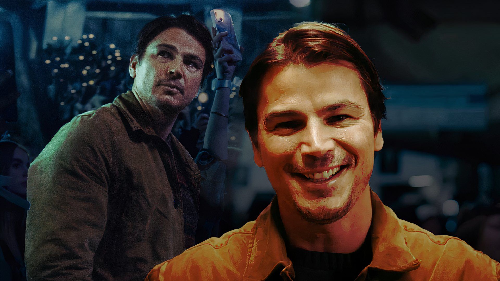 An edited image of Josh Hartnett smiling in Trap