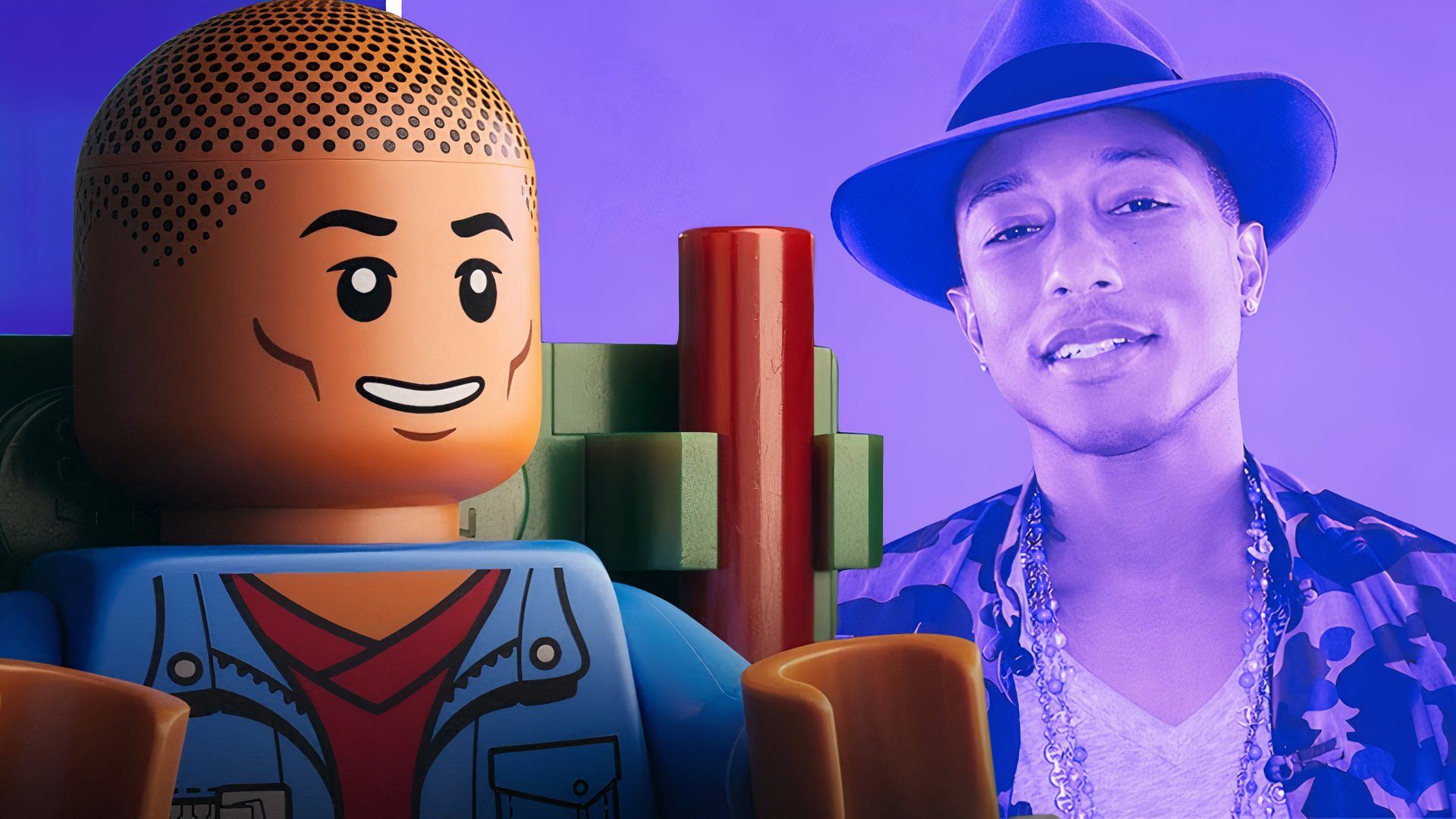 An edited image of Pharell and the LEGO version of Pharell in Piece by Piece