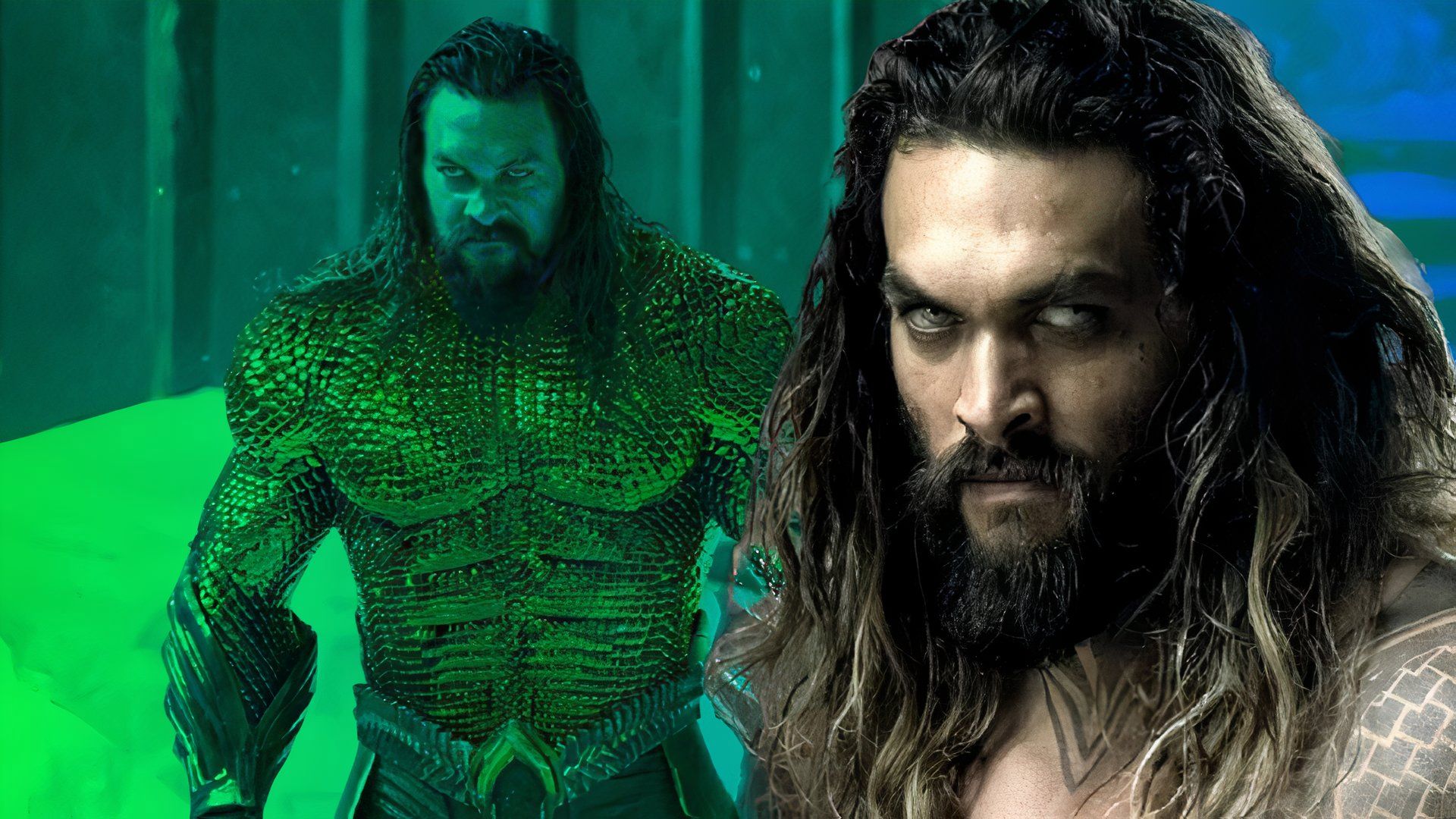 An edit of Jason Momoa as Aquaman standing next to a close-up of his face