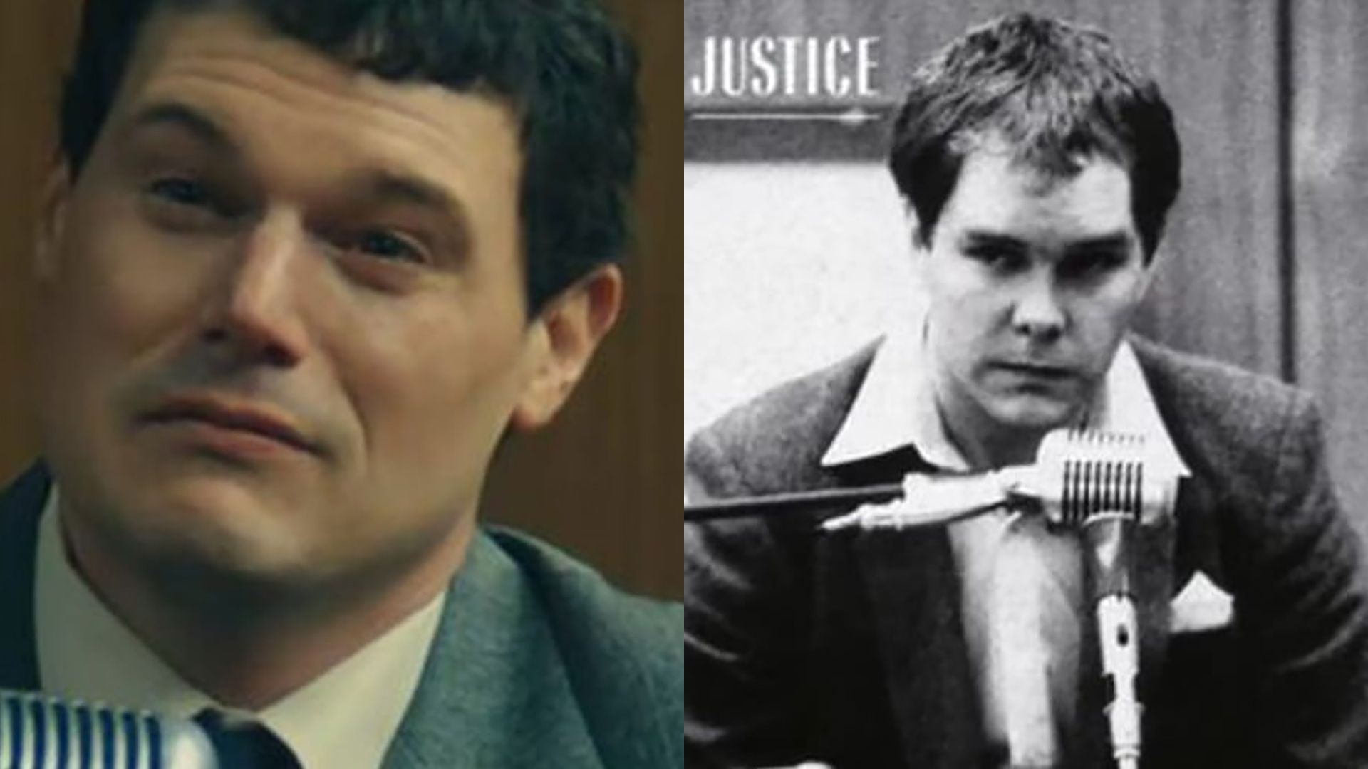 A split image of the actor playing John Thomas Sweeney in Monsters and the real Sweeney, both behind the stand on trial.