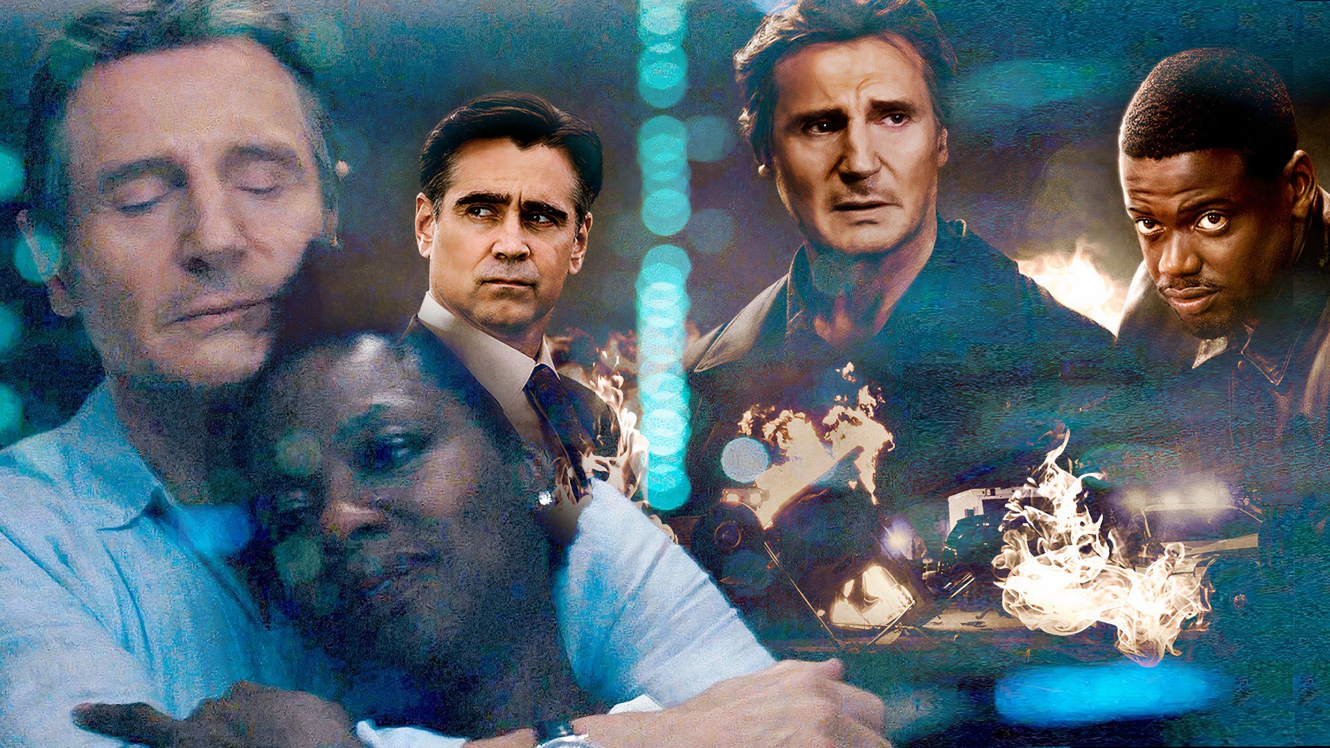 An edited image of Liam Neeson, Viola Davis, Daniel Kaluuya, and Colin Farrell in Widows