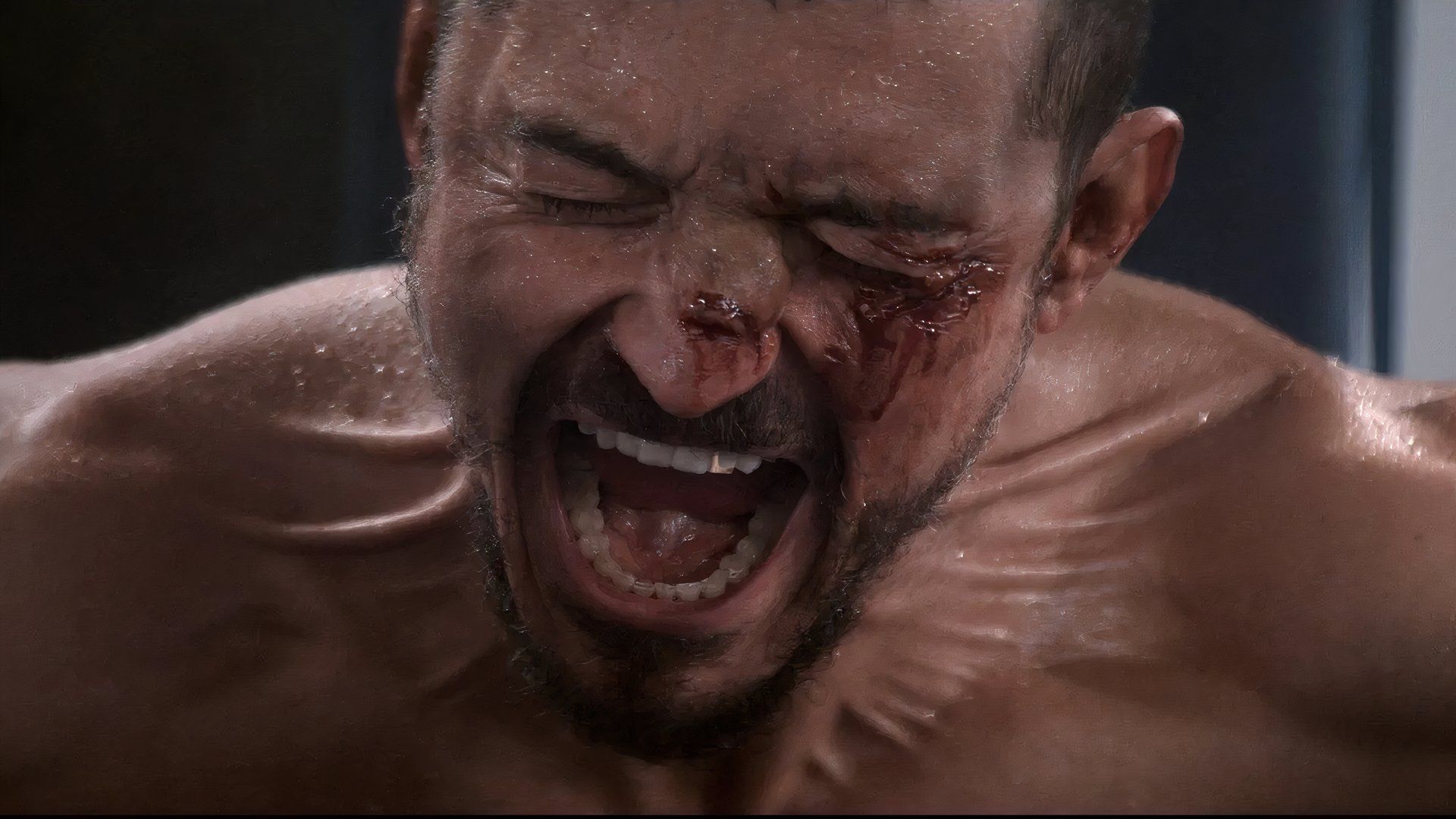 Orlando Bloom with a bloody eye screaming in The Cut movie at TIFF 2024