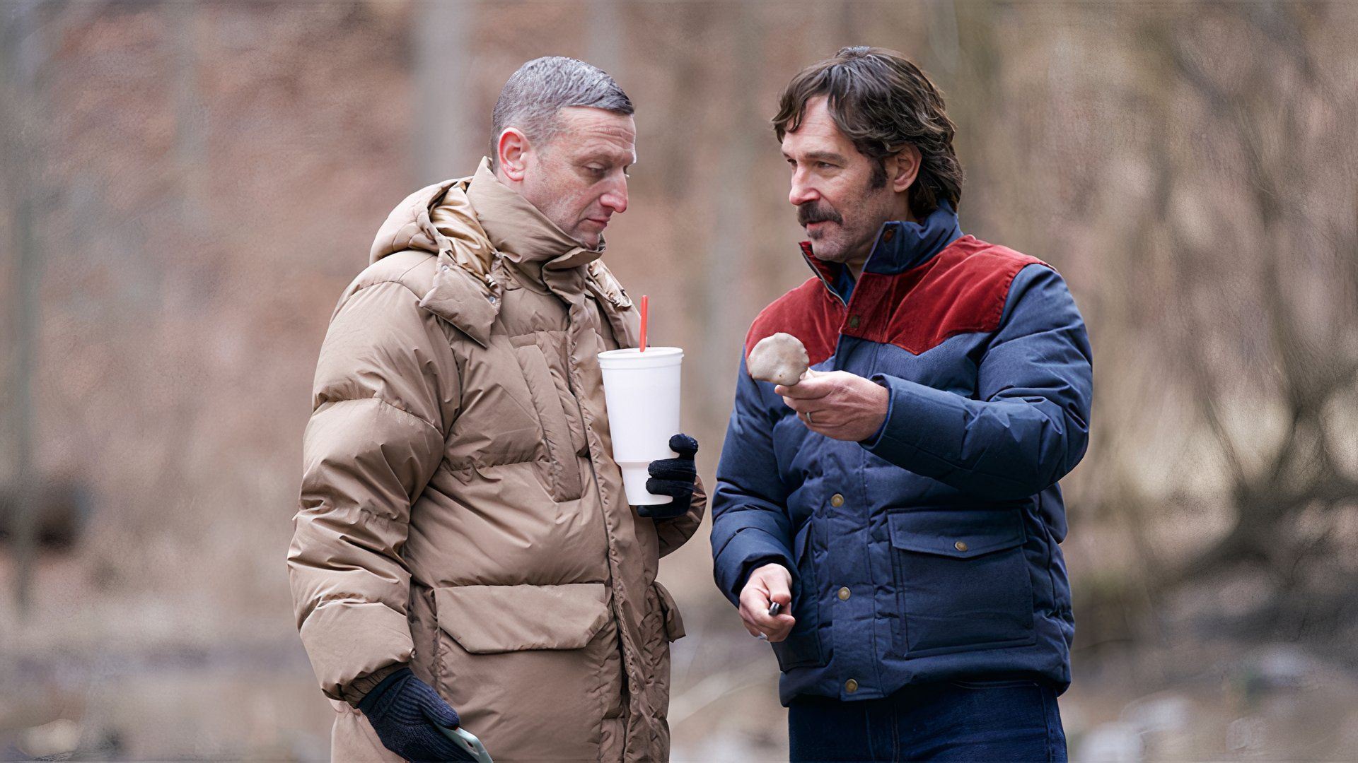 Tim Robinson and Paul Rudd in the woods in the movie Friendship