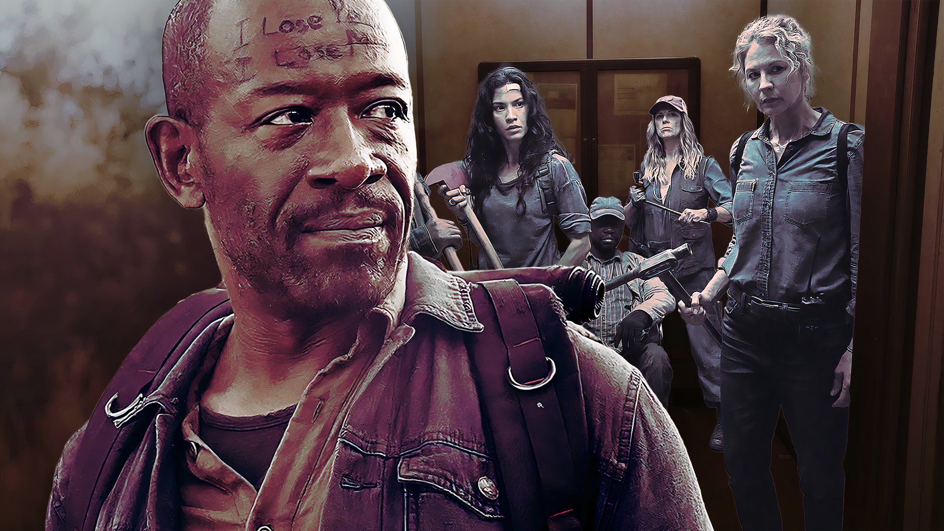 An edited image of the Fear the Walking Dead cast including Lennie James front and center