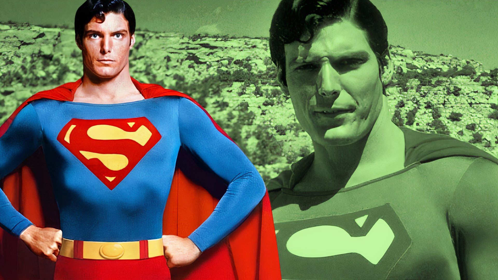 An edited image of Christopher Reeve in Superman wearing his blue, red, and yellow suit