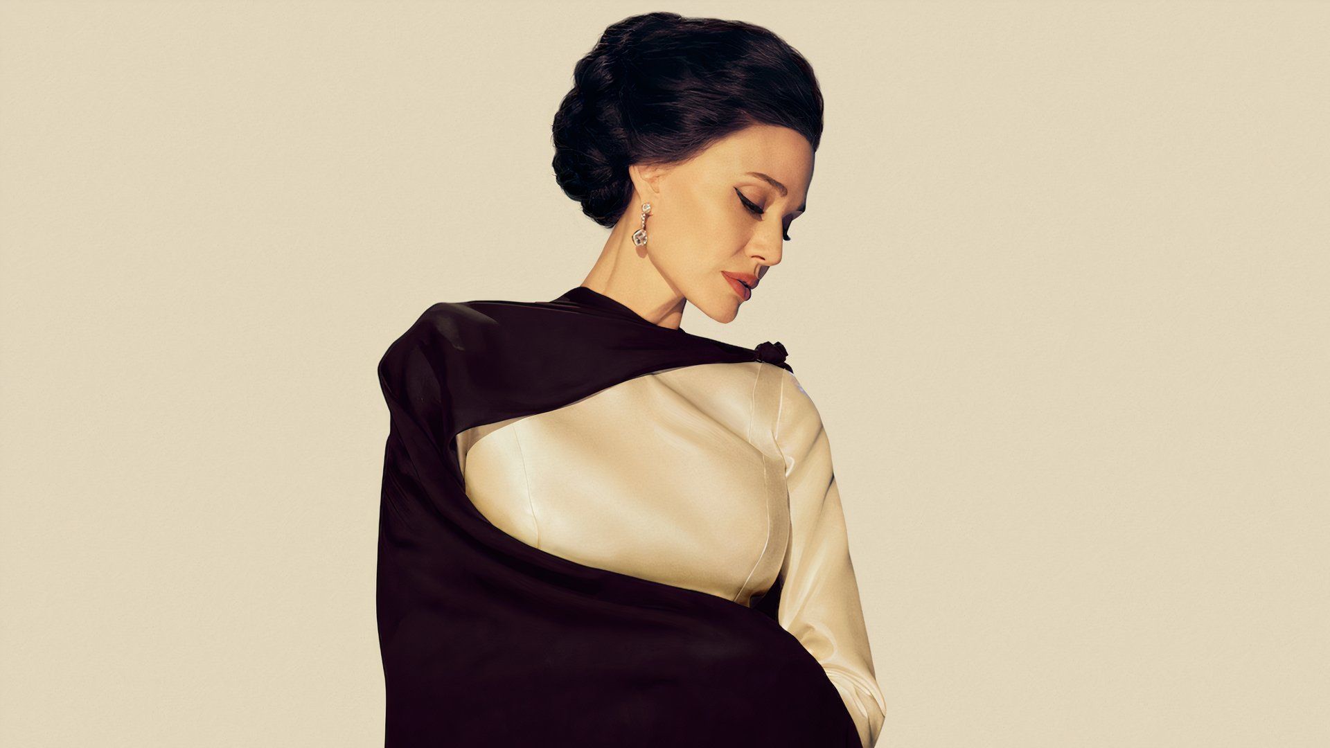 Angelina Jolie in a dress in the 2024 movie Maria about Maria Callas