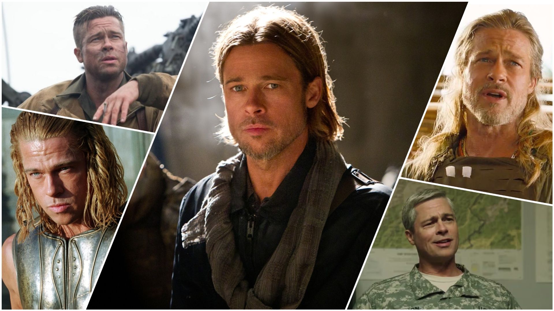 Brad Pitt in Fury, Troy, World War Z, The Lost City, and War Machine