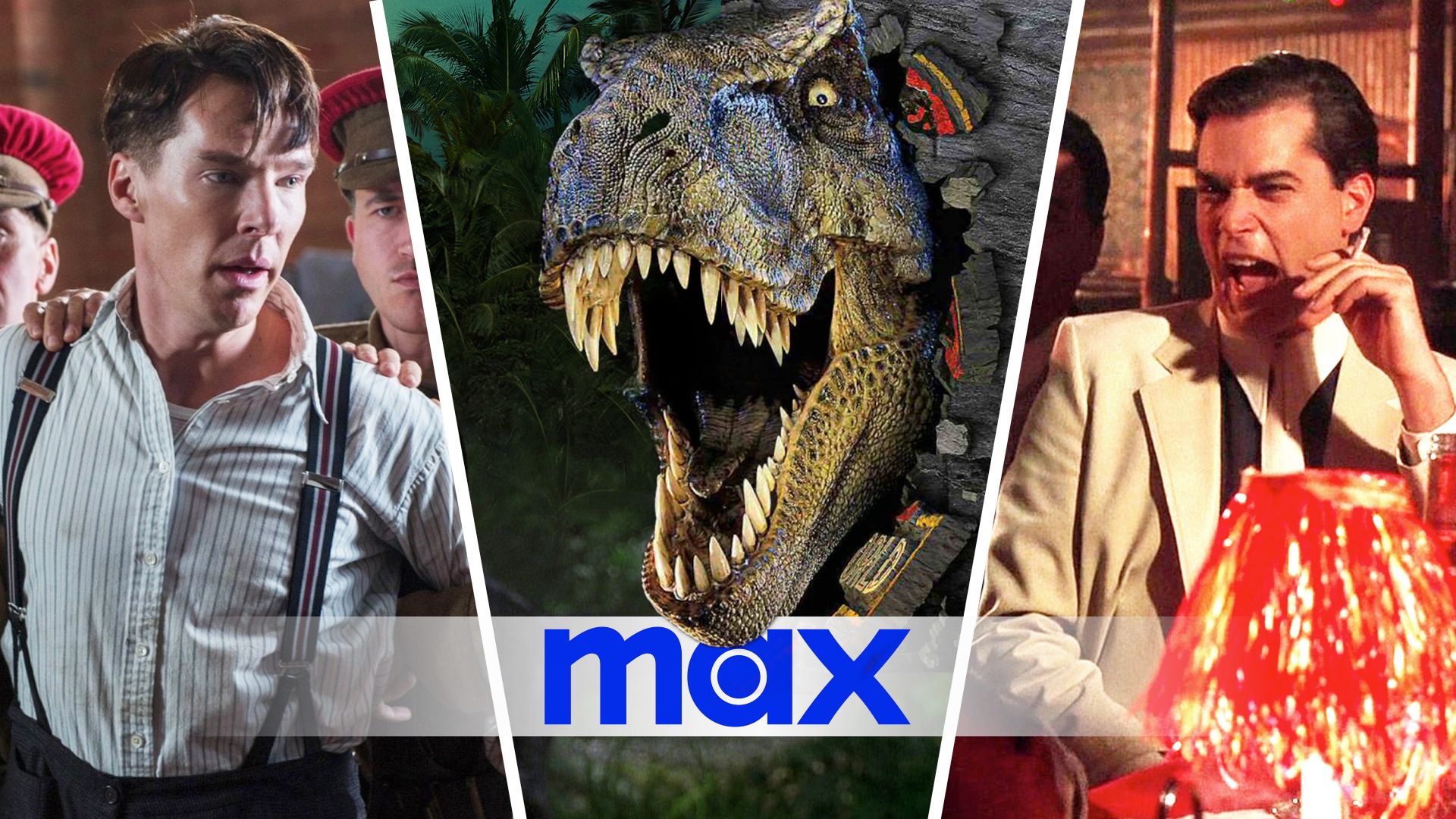 An edited image of three movies including Jurassic Park, Goodfellas, and The Imitation Game