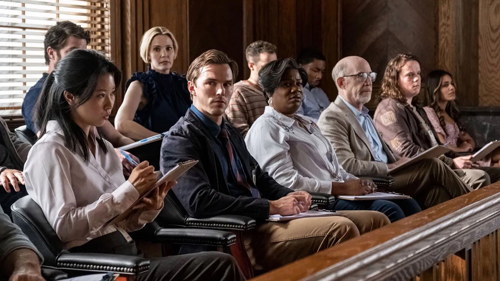 Nicholas Hoult in the jury box in Juror No. 2 from Clint Eastwood