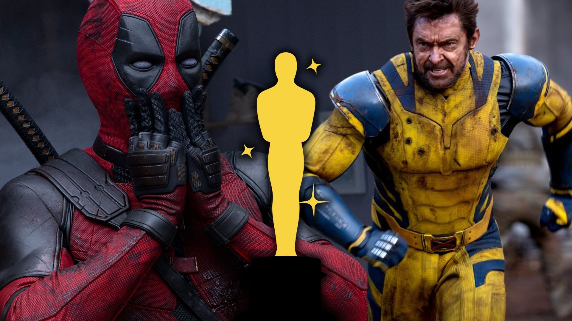 An edited image of Deadpool & Wolverine with an Oscar statue in the middle