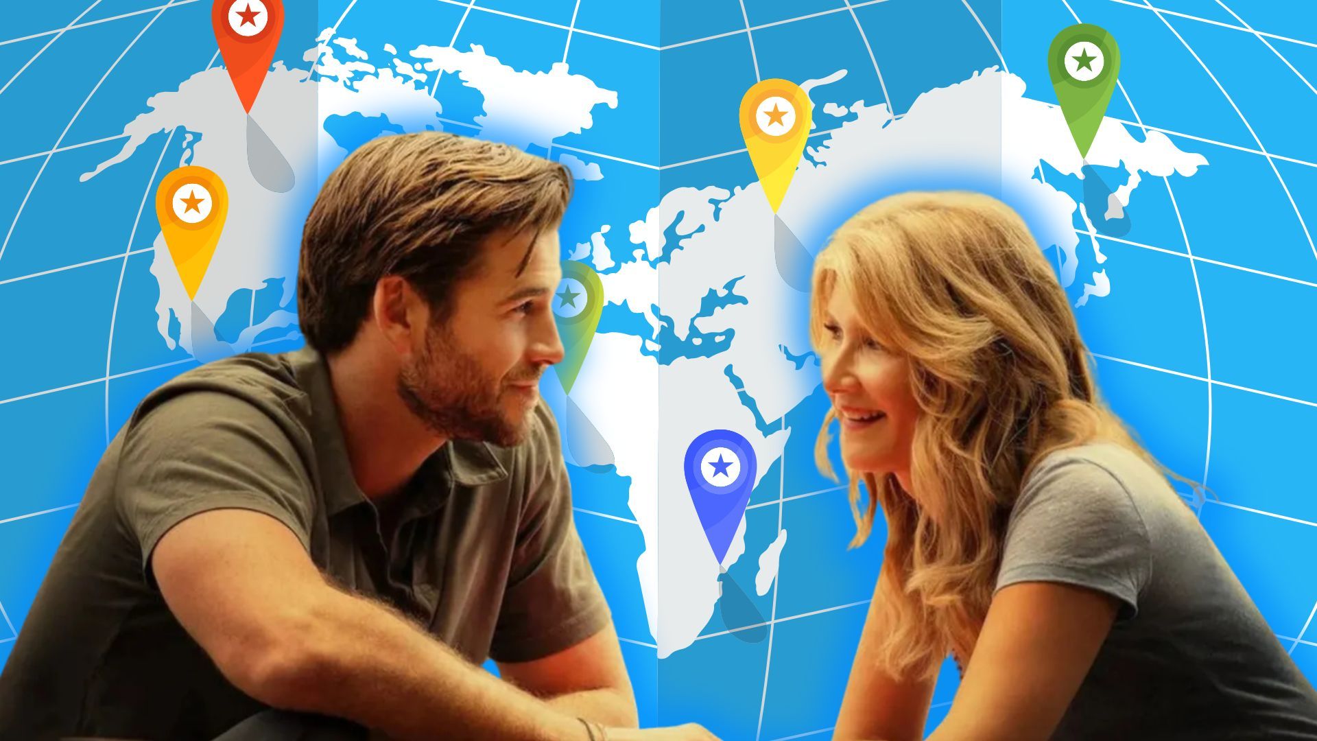 A custom image of Liam Hemsworth and Laura Dern in Lonely Planet with a map in the background