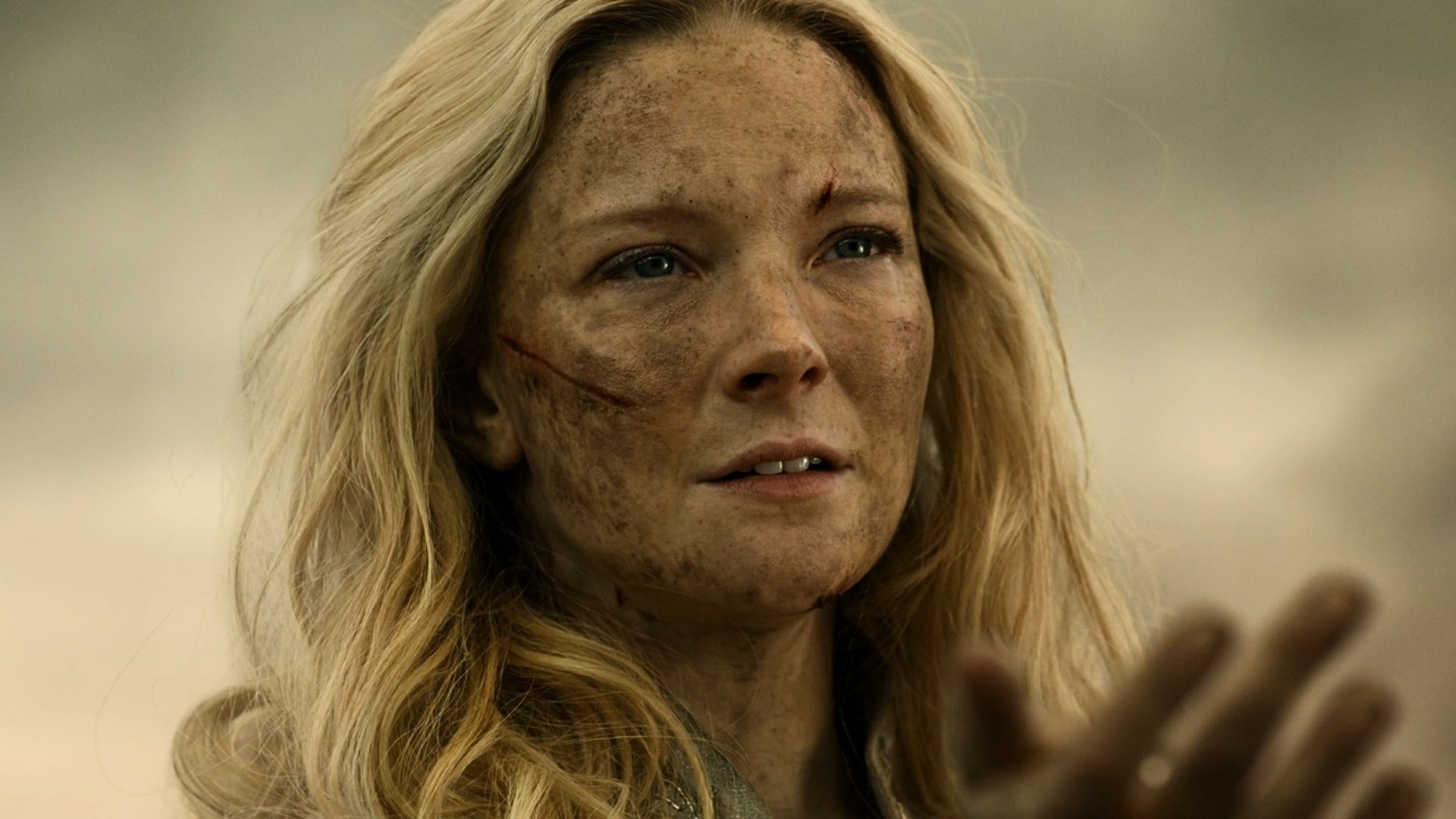 Morfydd Clark as Galadriel after Sauron fight in The Rings of Power