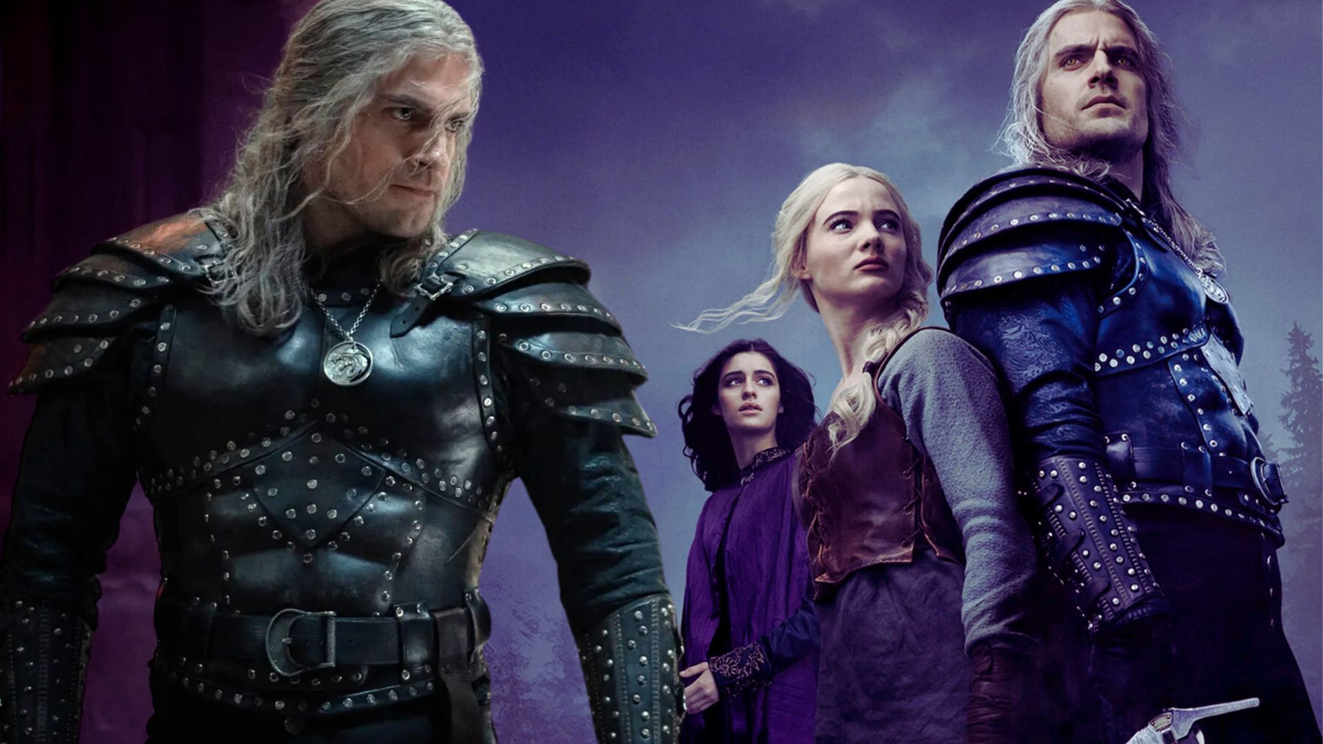 An edited image of Henry Cavill, Anya Chalotra, and Freya Allen in The Witcher