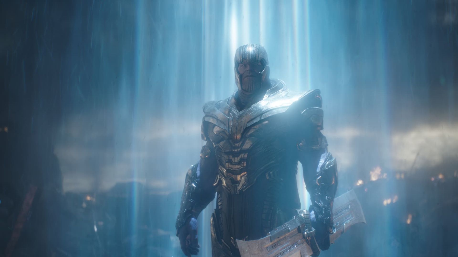 Thanos surrounded by blue light in Avengers: Infinity War