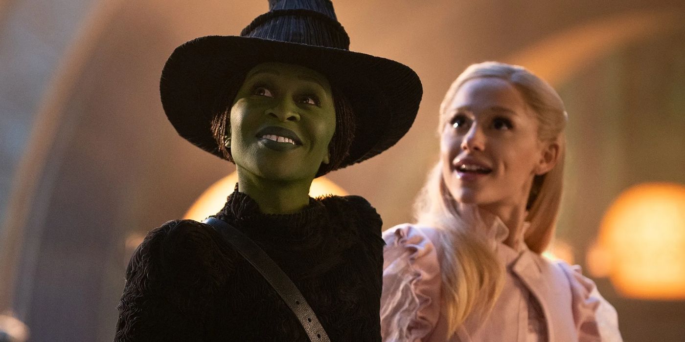 Cynthia Erivo and Ariana Grande looking up in Wicked Part 1