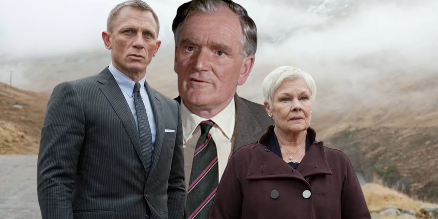 Daniel Craig as James Bond, Desmond llewelyn as Q, and Judi Dench as M