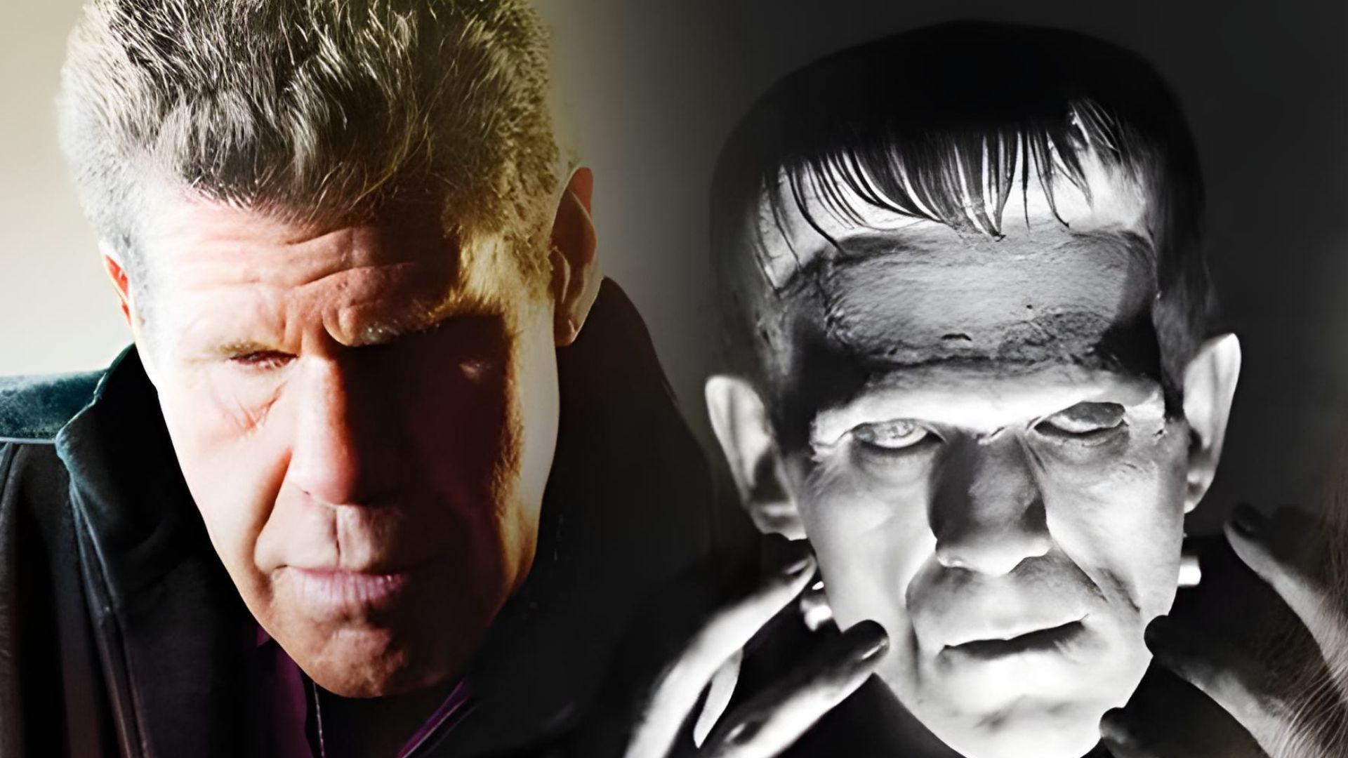 Ron Perlman next to an image of Boris Karloff as Frankenstein