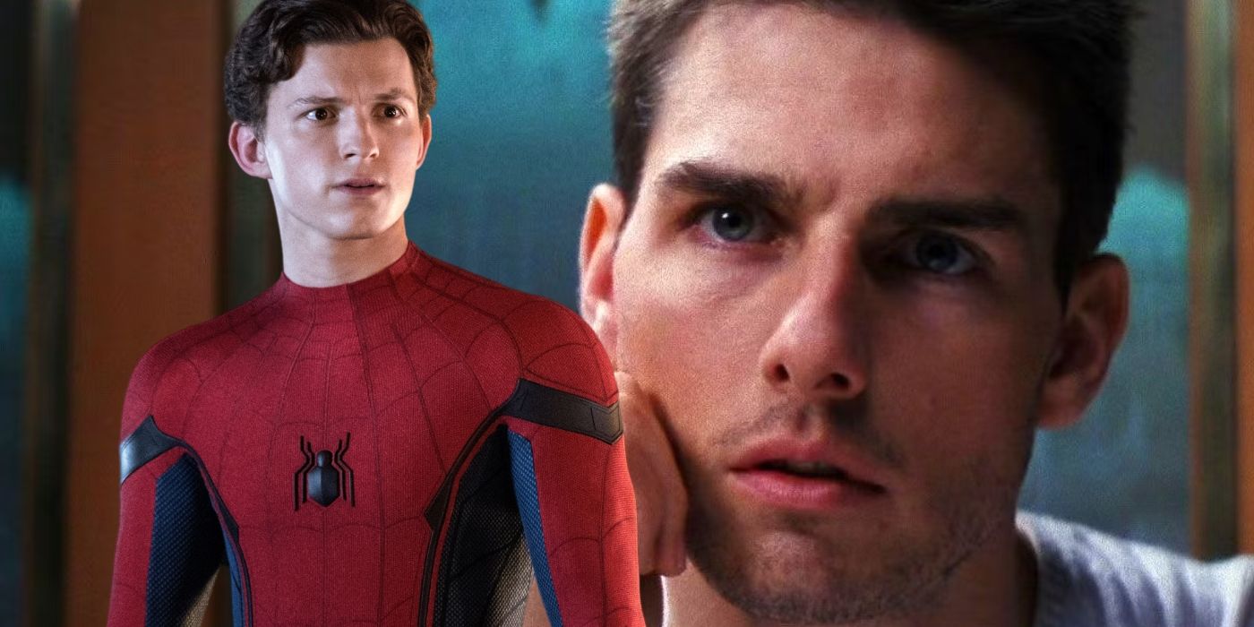 Tom Holland as Spider-Man in front of Tom Cruise as Ethan Hunt in Mission Impossible (1)