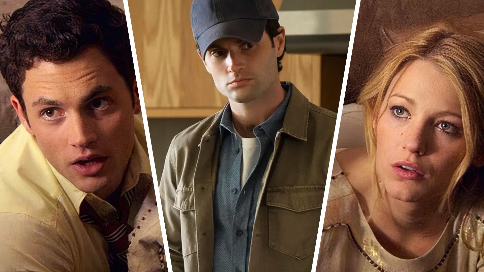 an edit of Gossip Girl with Serena van der Woodsen played by blake livley and Dan Humphrey played by Penn Badgley with Joe Goldberg from YOU