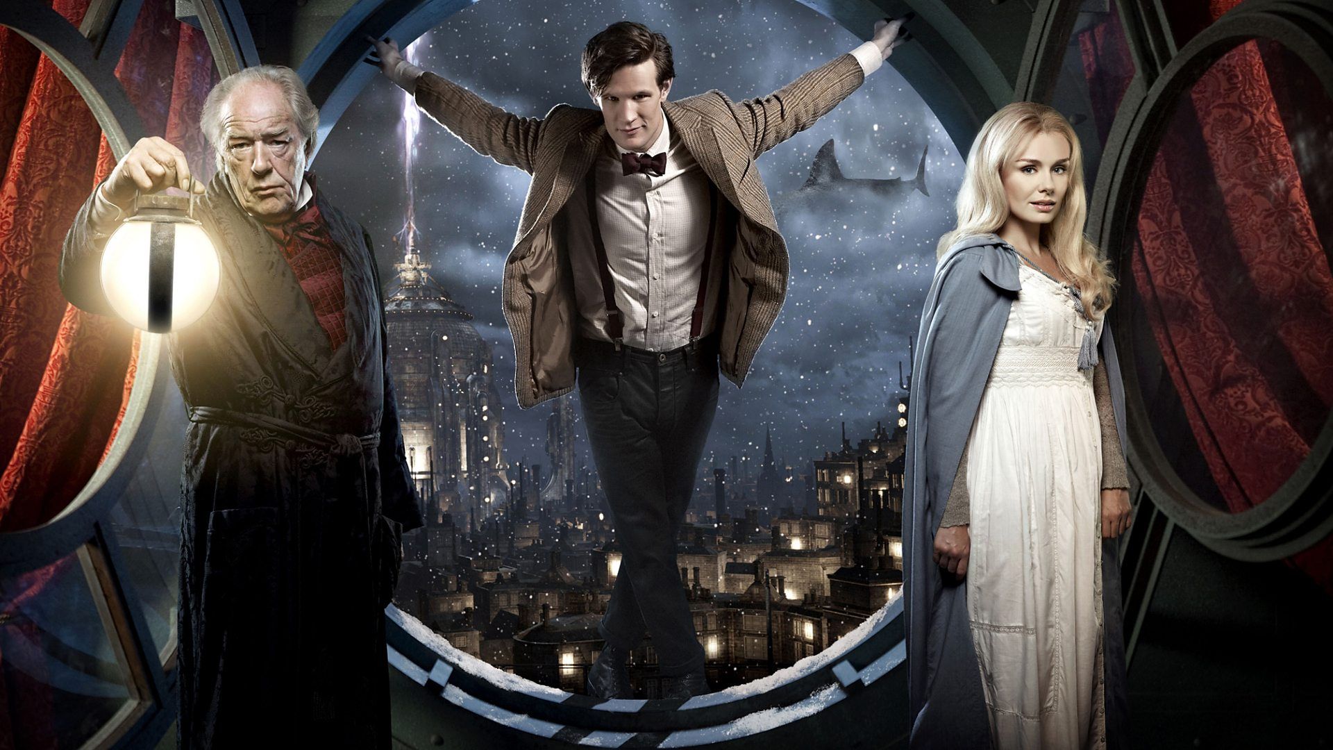 Matt Smith as the Doctor, Michael Gambon as Kazran Sardick, and Katherine Jenkins as Abigail in sci-fi TV series Doctor Who