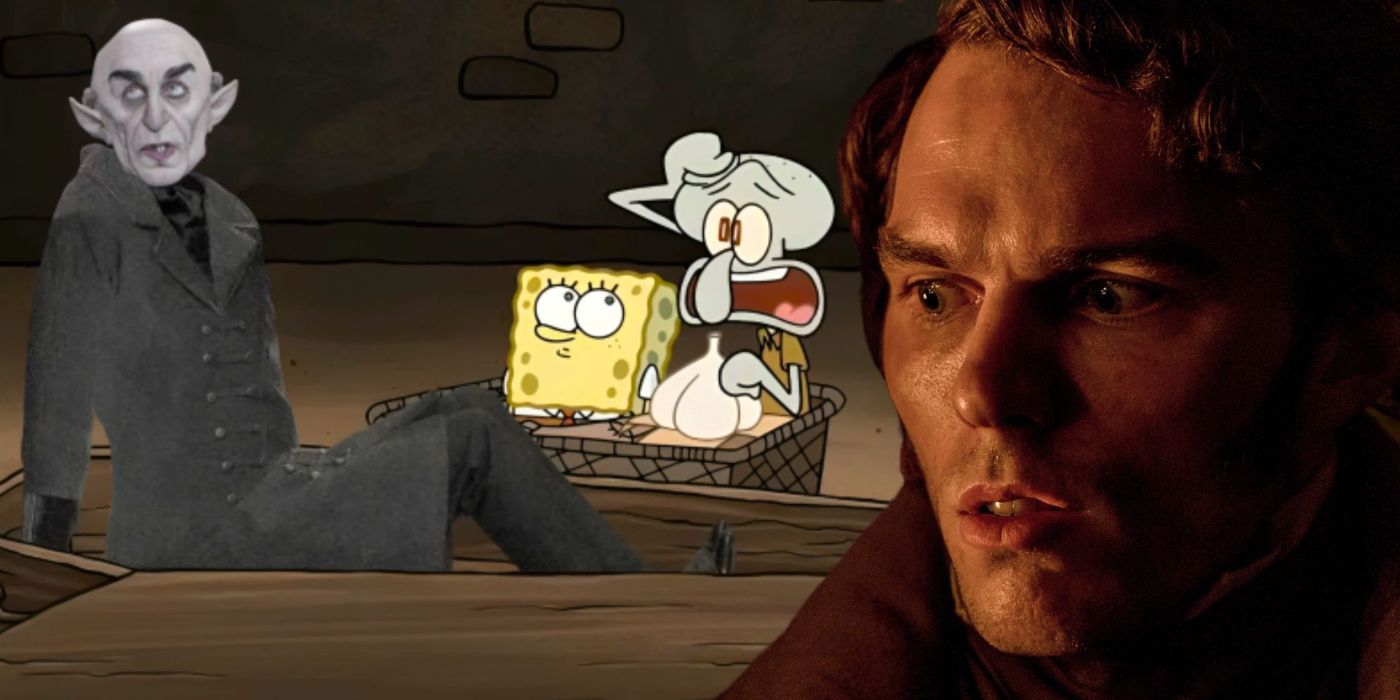 An edited image of Nicholas Hoult in Nosferatu alongside SponeBob Squarepants