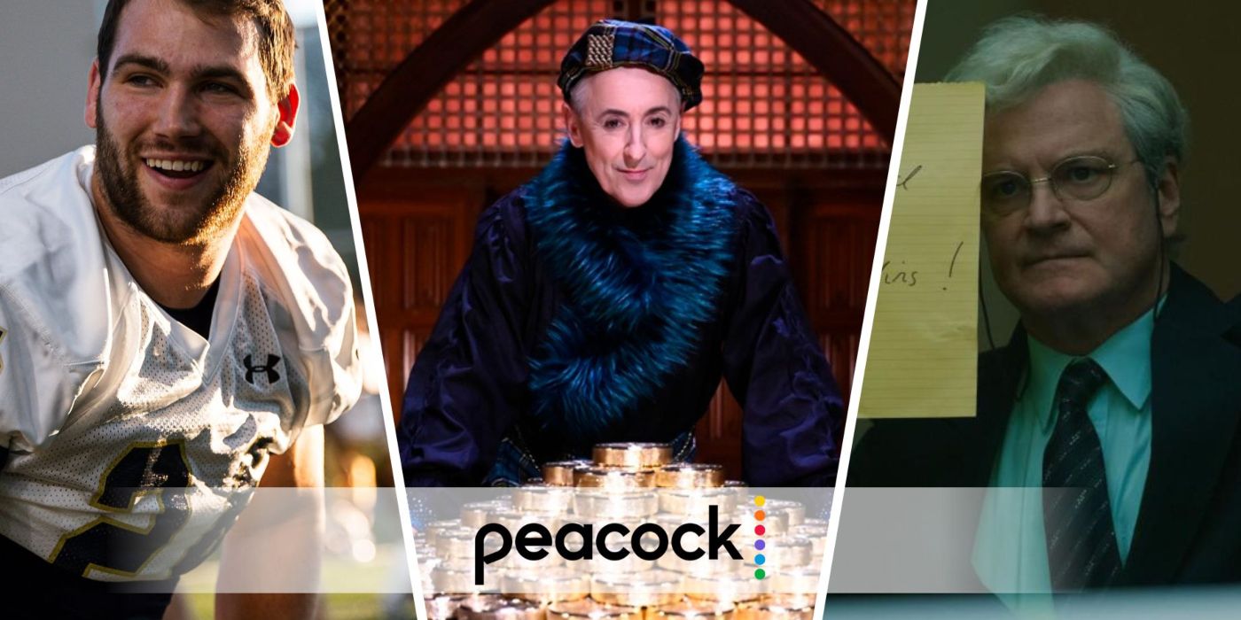 An edited image of three TV shows with the Peacock logo in the center