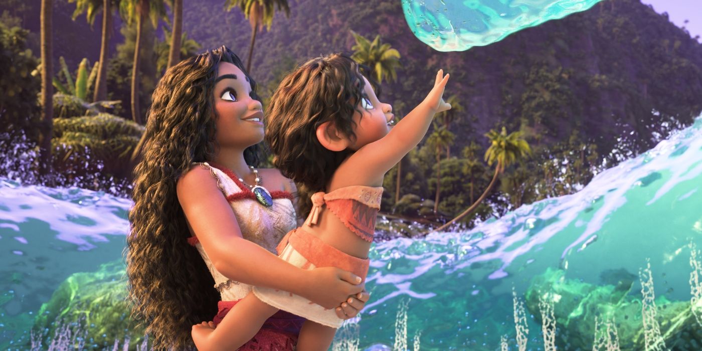 Auli’i Cravalho as Moana holding kid in Moana 2