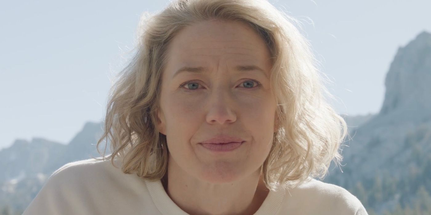 Blonde Carrie Coon in a close-up for the 2024 movie Lake George