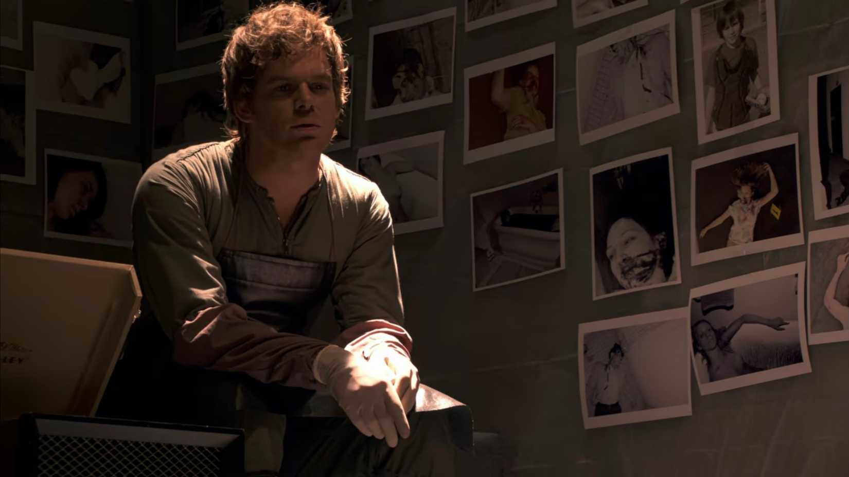 Dexter and photos of the Trinity Killer's victims from Season 4 Episode 12 of Dexter.