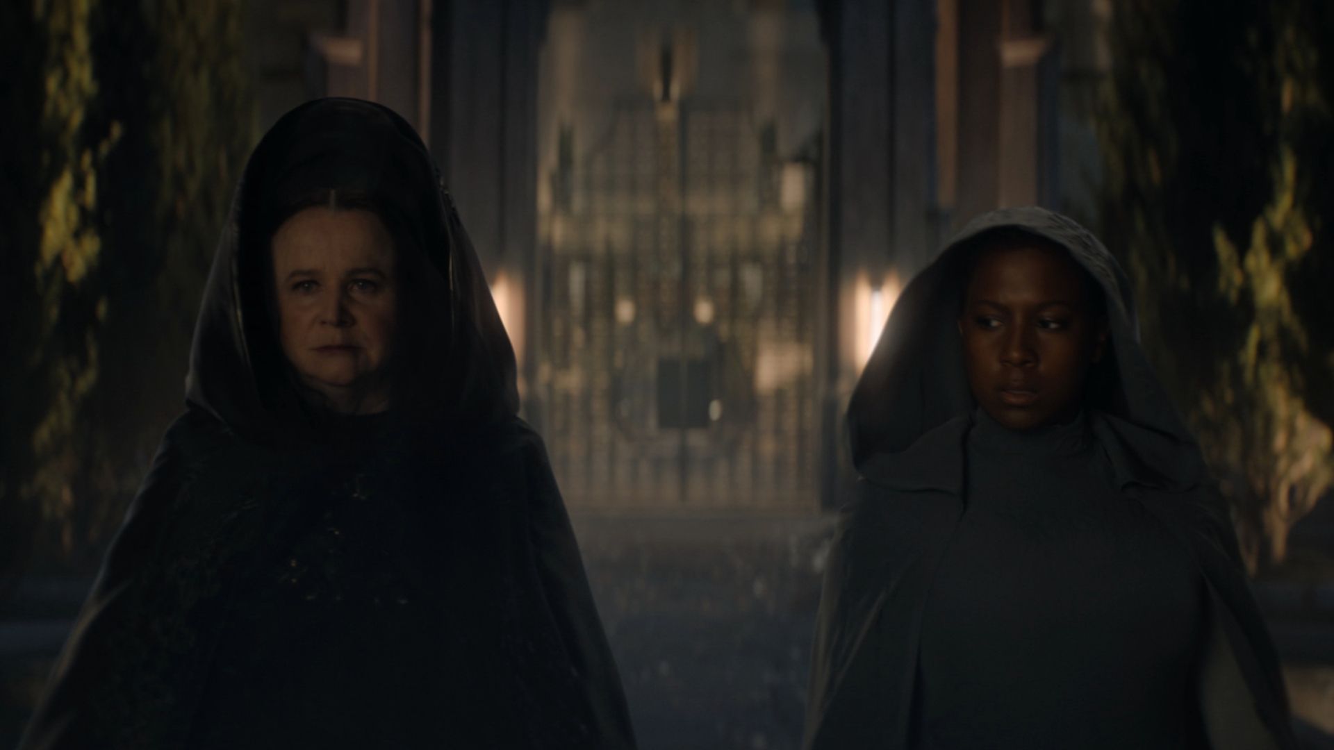 Emily Watson and Jade Anouka as Sisters leaving Corrino in Dune Prophecy Episode 3