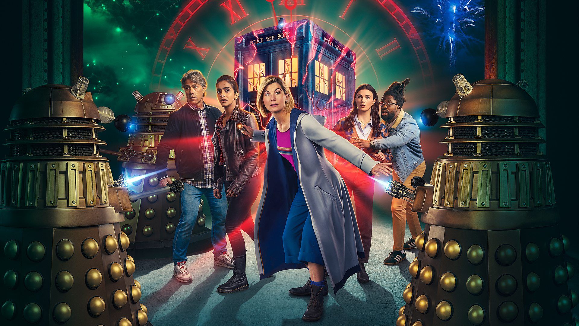 Jodie Whittaker as the Doctor, John Bishop as Dan, Mandip Gill as Yaz, Aisling Bea as Sarah, and Adjani Salmon as Nick in sci-fi TV show Doctor Who