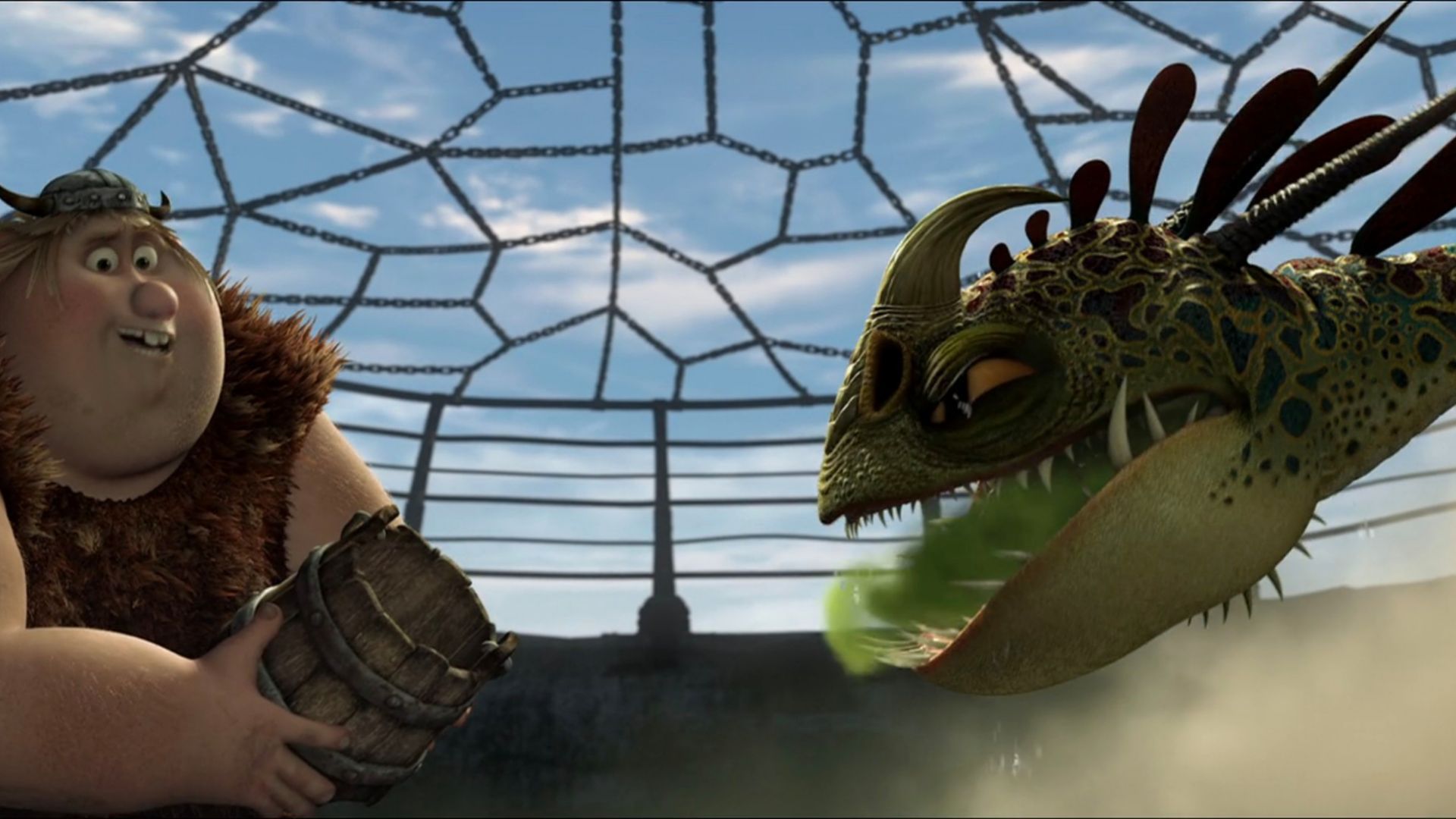 Fishlegs and one of the Hideous Zippleback's heads from the How to Train Your Dragon Trilogy.