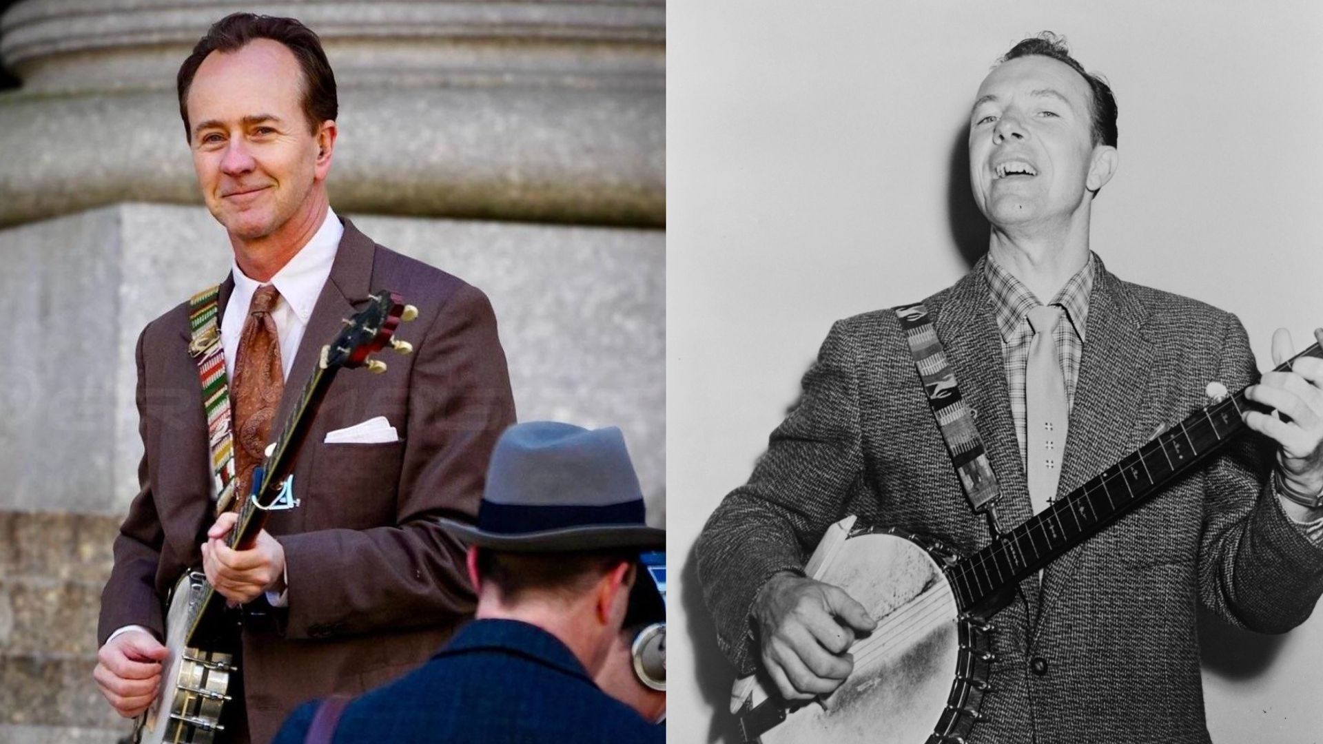 Pete Seeger holds a banjo in A Complete Unknown