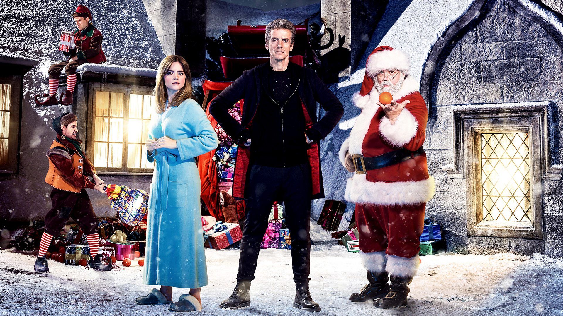 Peter Capaldi as the Doctor, Jenna Coleman as Clara Oswald, and Nick Frost as Santa Claus from sci-fi TV show Doctor Who