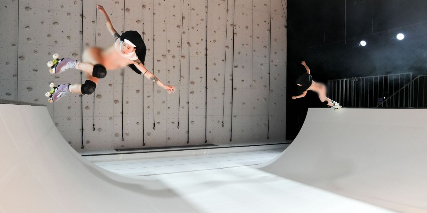 Nude nuns roller-skate on a ramp in the Holzinger opera SANCTA. Photo by Nicole Marianna Wytyczak