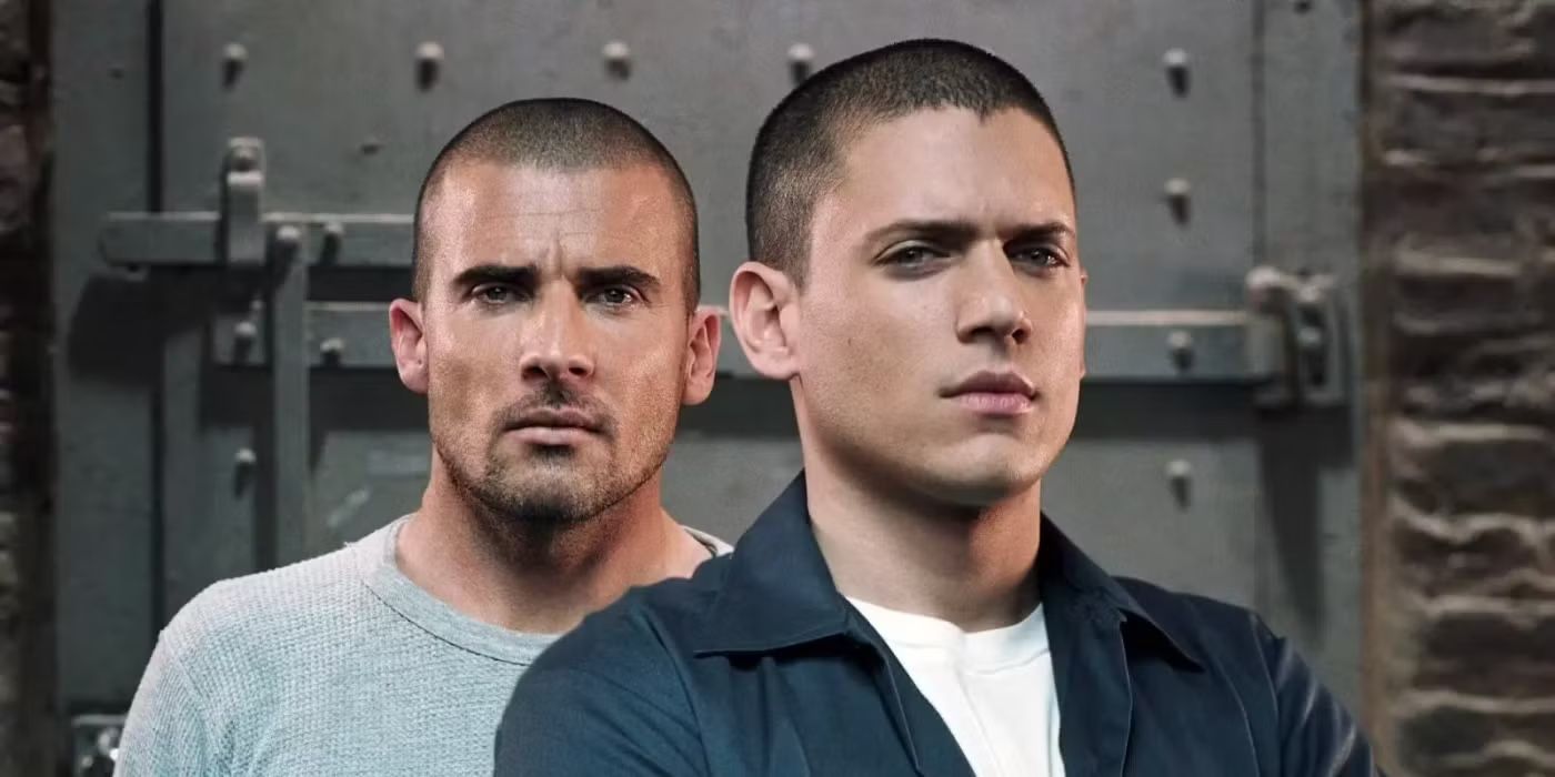 Dominic Purcell and Wentworth Miller stand together in front of a prison door in Prison Break