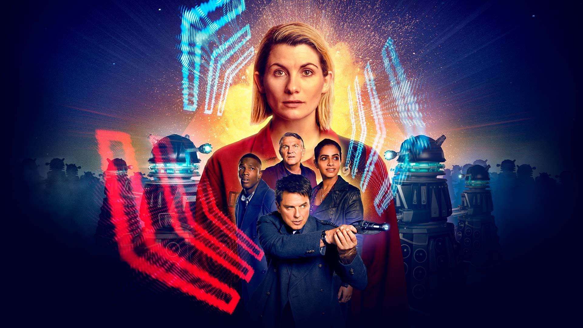 Jodie Whittaker as the Doctor, John Barrowman as Captain Jack, Mandip Gill as Yaz, Tosin Cole as Ryan, and Bradley Walsh as Graham in sci-fi TV show Doctor Who