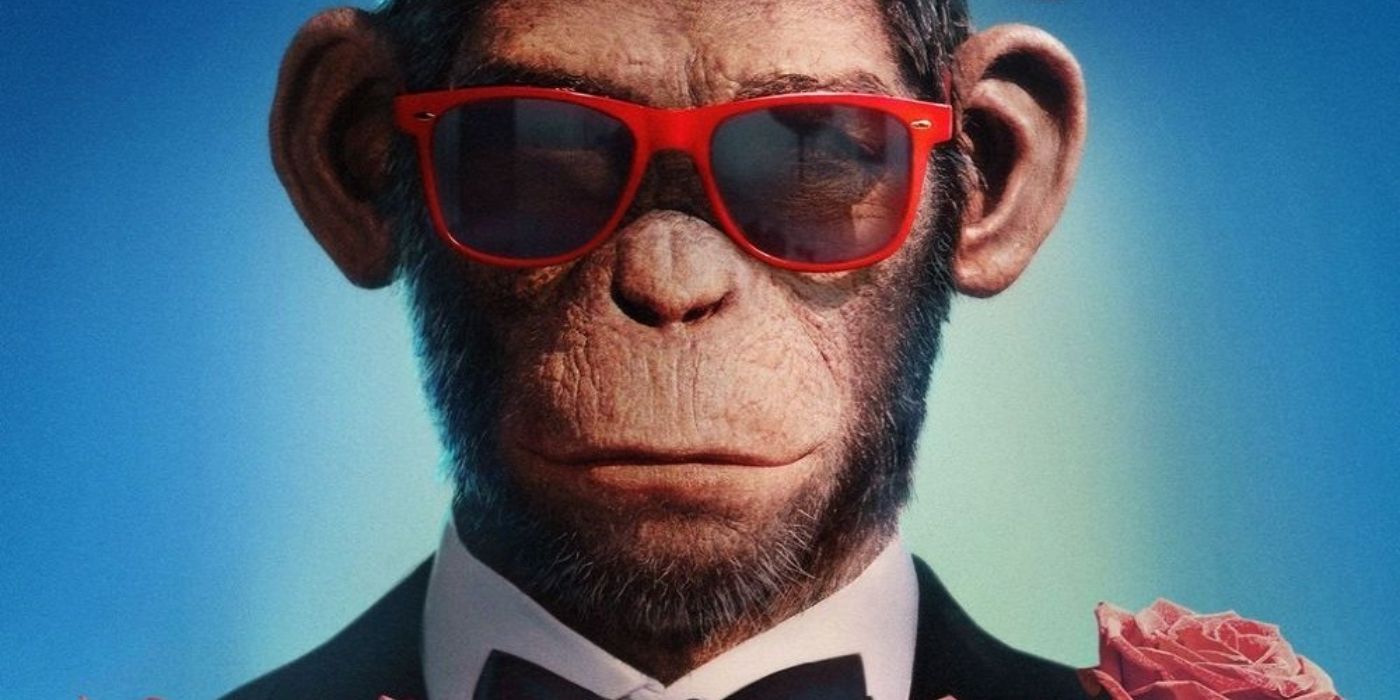 Robbie Williams as a chimpanzee in red glasses and a tux in the 2024 movie Better Man