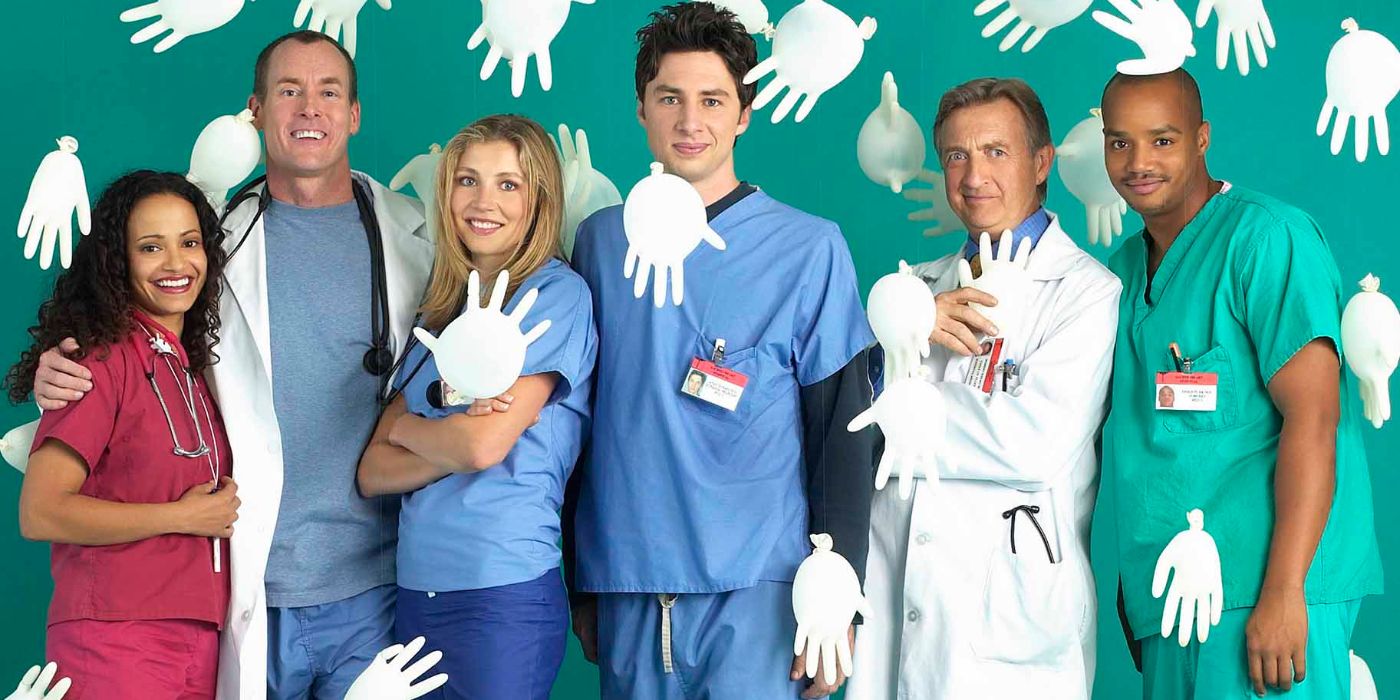 The cast of Scrubs with rubber gloves